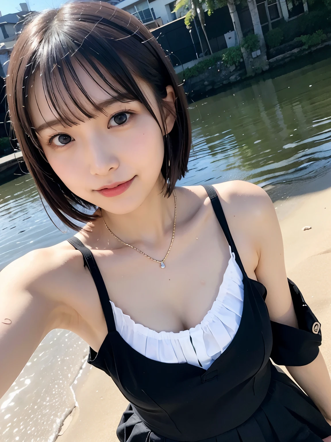 Best quality,raw photo  , 19 years old Japanese female idol, from above ,
selfie,lying on Ground, school uniform ,off-the-shoulder top,Short hair, bowl cut ,cute face  ,edgy,droop ,murky water , overflowing  ,wet ,selfie, on the beach, rain,night, 