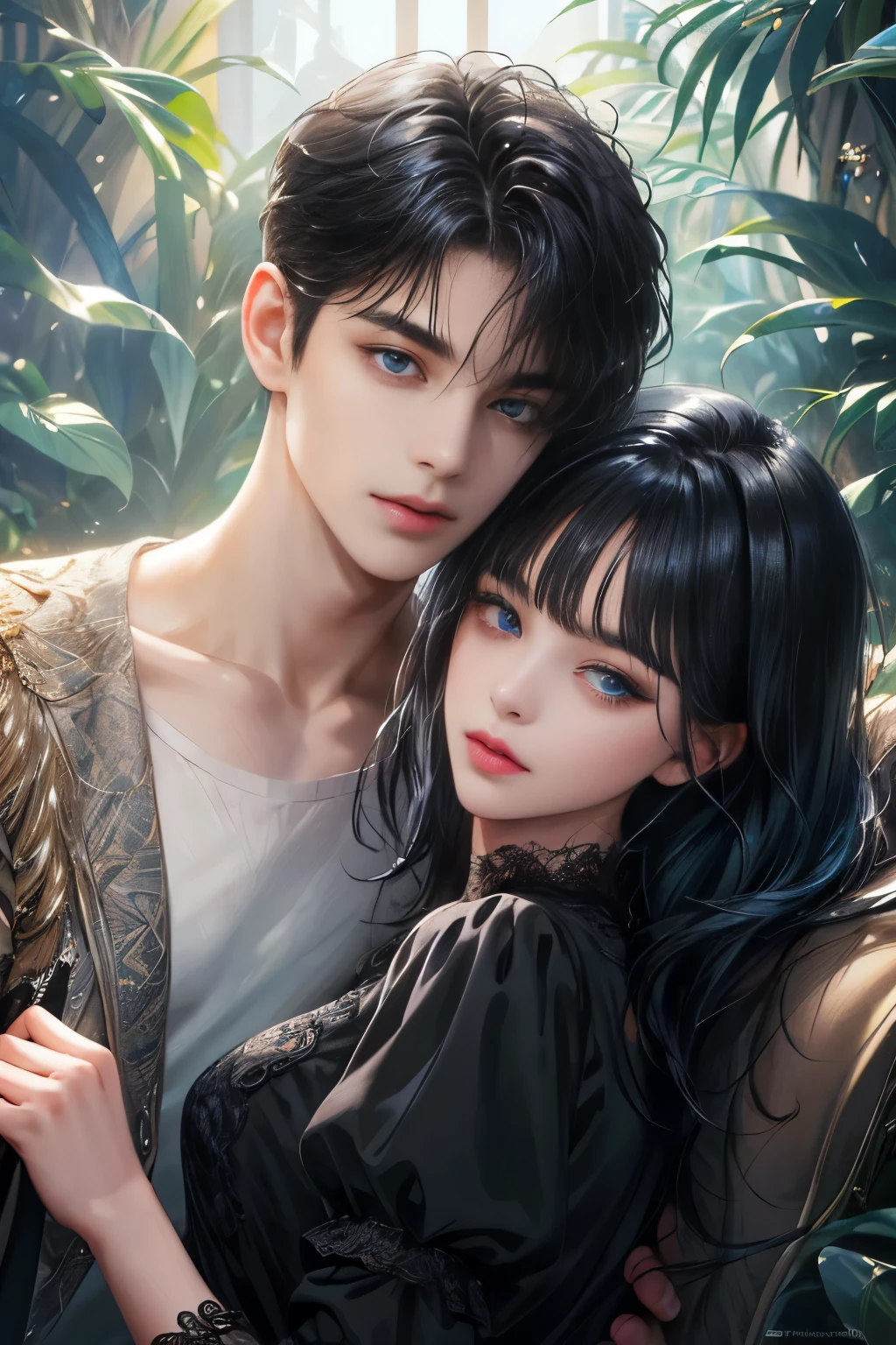 (absurdly , high quality , masterpiece , ultra detailed), ( detailed to hand ) (detailed to eyes) (detailed to face) , couples, 1 man (short black Quiff hair with Soft Fringe, bangs part on side 3:7 ratio) and 1 woman (short black hair with fringe) love ,pretty eyes (blue eyes) , black hair, fantasy, detailed background, soft light