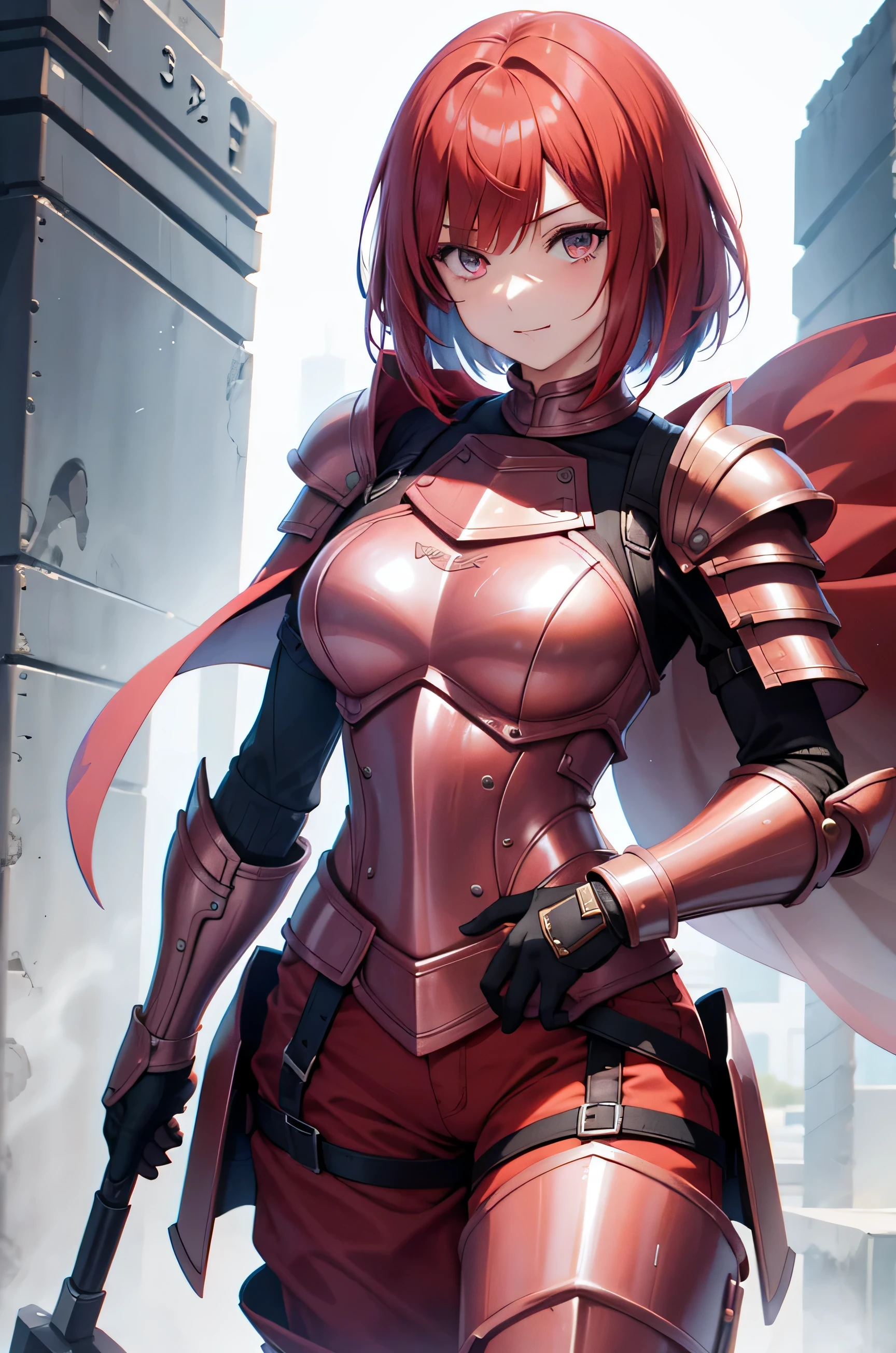 Nishikino make love live, purple eyes,red hair, medium hair,(silver armor:1.2), red latex microskirt, big breasts, underwear visible, blushing, thick body, skin tight, standing, thighs , looking at viewer