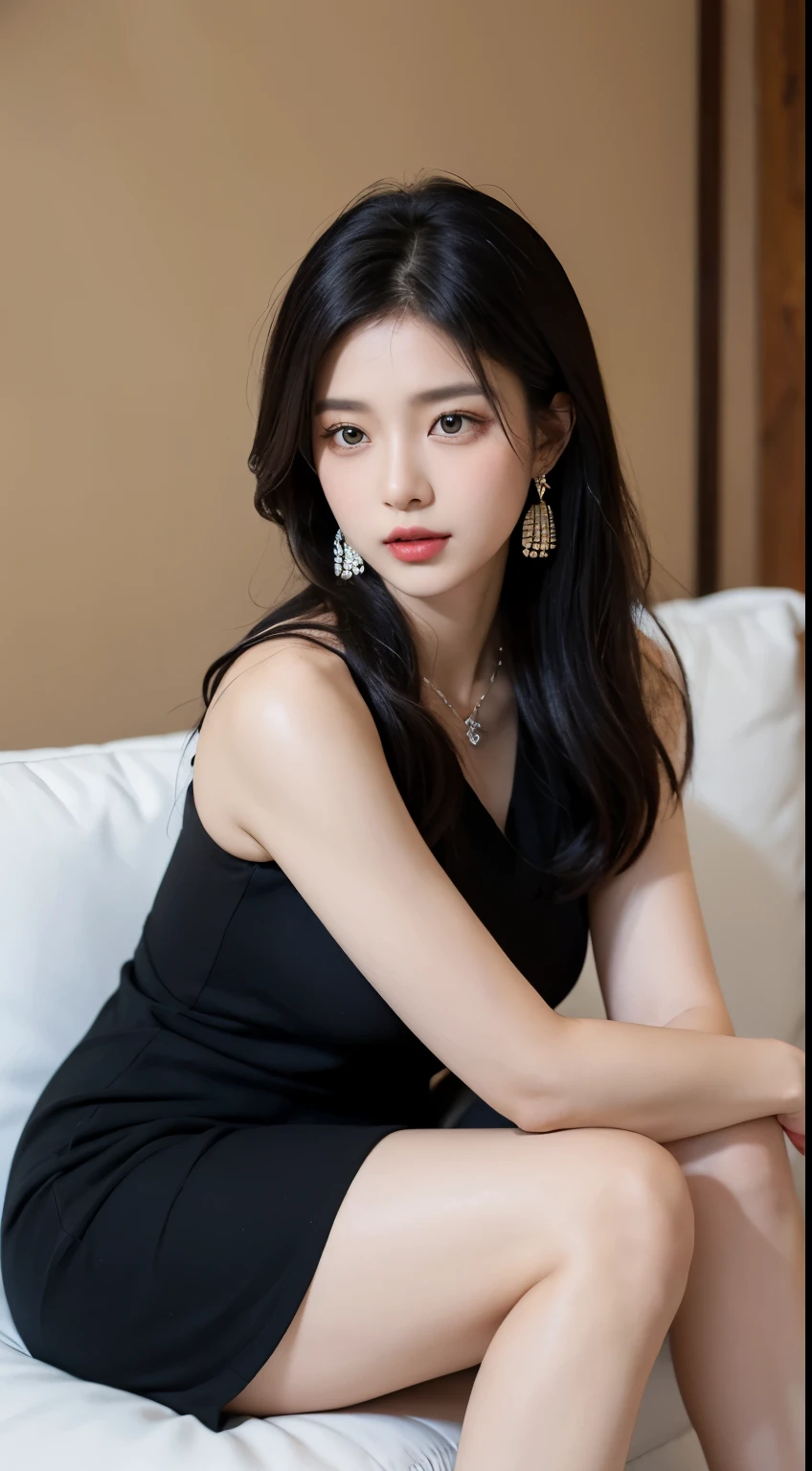 A korean woman, long black hair, black eyes, white mini appealing dress, earrings, light skin, sitting on couch, big breasts, white nails, looking down, necklace, beautiful eyes, high quality, hugging her legs
