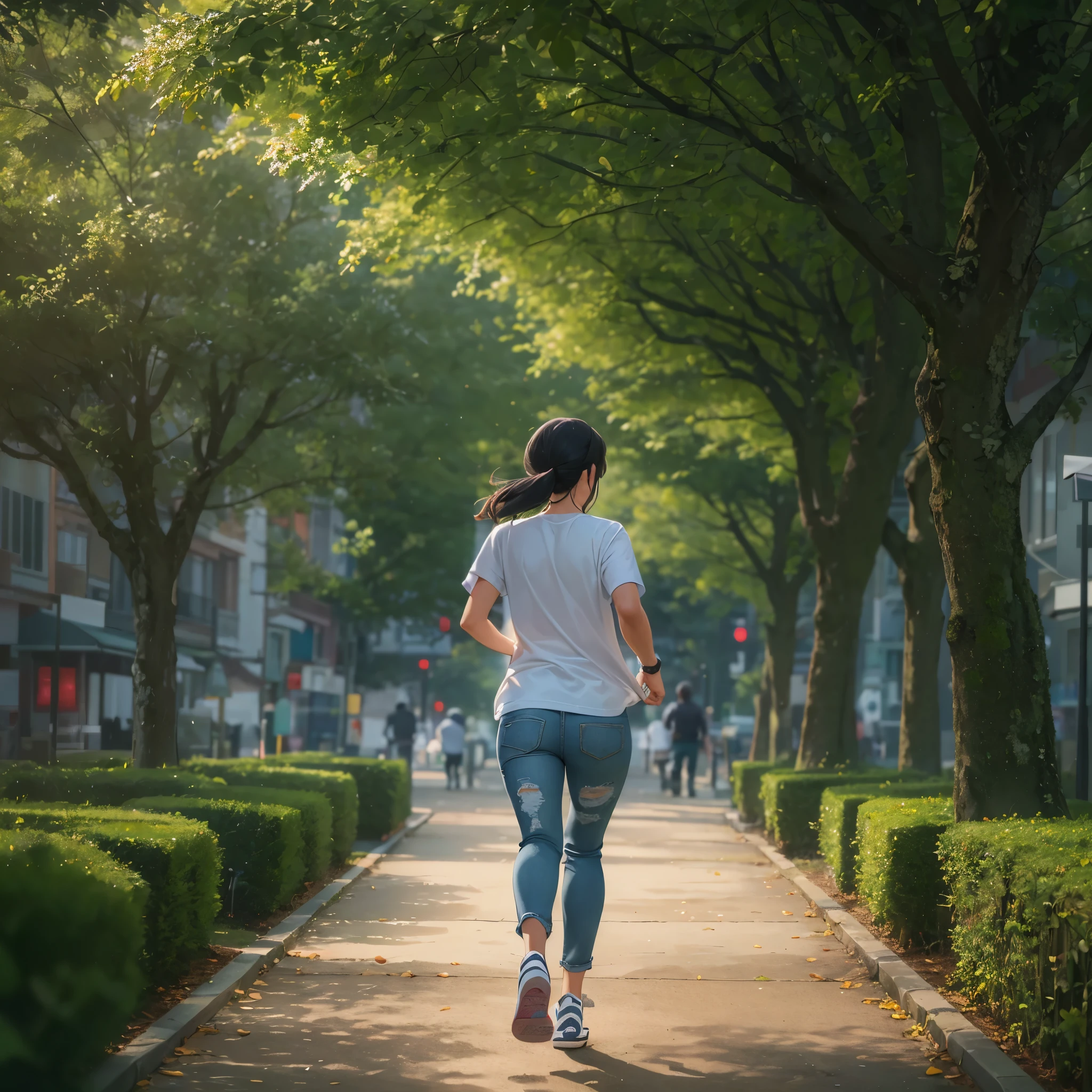 An Asian woman dressed casually in a white big T-shirt and baggie jeans is running, she is in city park, cinematic lighting, ray tracing, depth of field, vanishing point, atmospheric perspective, Hasselblad, from behind, UHD, retina, masterpiece, anatomically correct, ccurate, textured skin, super detail, high quality, best quality, highres, award winning, 16k, 8k