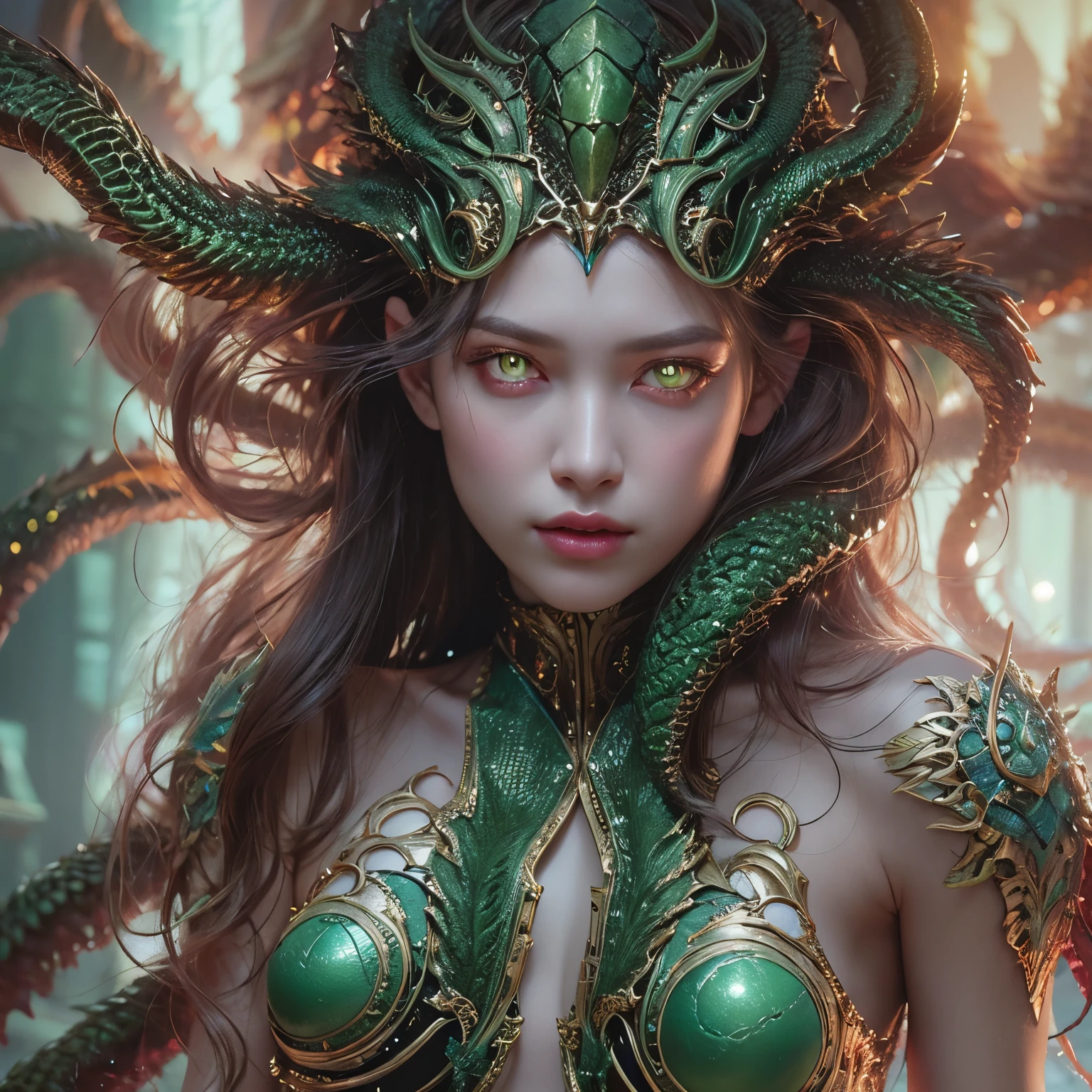 (1 female medusa-like mutant: 1.2), With a beautiful, enchanting face, this alien seduces us with her allure. Her captivating red eyes gleam brightly, reminiscent of burning embers. Her full body is unlike any human's, boasting a sexy, otherworldly form. No humans are present in this scene as she stands alone, her cells fused in a unique and intriguing extraterrestrial way.
(extraordinary beautiful nude photo:1.4), (glowing Emerald eyes:1.5), (sexy and glamorous:1.1), (coquettish expression:1.2), toned lean body, (muscular:1.2), (beautiful abs:1.5), beautiful nipples,  She has lots of iridescent translucent tentacles instead of her hair, pale skin, (white skin with prominent veins:1.3), moist skin,
Lots of iridescent translucent tentacles adorn her body, shimmering under the dramatic lighting. Her pale skin, with a hint of translucency, adds to her ethereal allure. This masterpiece, rendered in