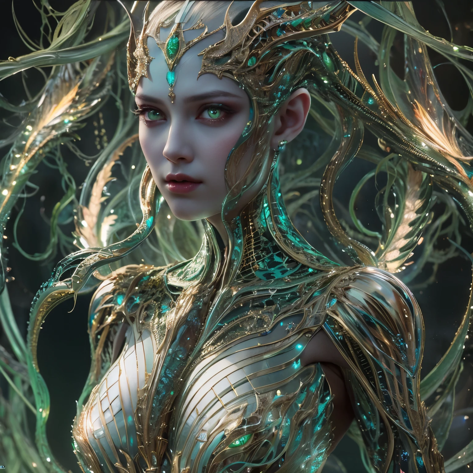 (1 female medusa-like mutant: 1.2), With a beautiful, enchanting face, this alien seduces us with her allure. Her captivating red eyes gleam brightly, reminiscent of burning embers. Her full body is unlike any human's, boasting a sexy, otherworldly form. No humans are present in this scene as she stands alone, her cells fused in a unique and intriguing extraterrestrial way.
(extraordinary beautiful nude photo:1.4), (glowing Jasper eyes:1.5), (sexy and glamorous:1.1), (coquettish expression:1.2), toned lean body, (muscular:1.2), (beautiful abs:1.5), beautiful nipples, She has lots of iridescent translucent tentacles instead of her hair, pale skin, (white skin with prominent veins:1.3), moist skin,
Lots of iridescent translucent tentacles adorn her body, shimmering under the dramatic lighting. Her pale skin, with a hint of translucency, adds to her ethereal allure. This masterpiece, rendered in