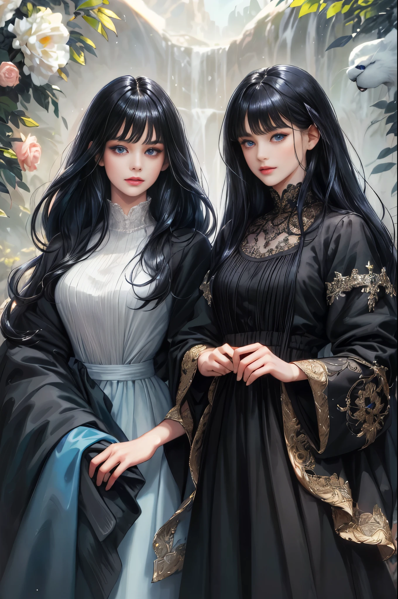 (absurdly , high quality , masterpiece , ultra detailed), ( detailed to hand ) (detailed to eyes) (detailed to face) , couples, 1 man (long black Quiff hair with Soft Fringe, bangs part on side 3:7 ratio) and 1 woman (short black hair with fringe) love ,pretty eyes (blue eyes) , black hair, fantasy, detailed background, soft light