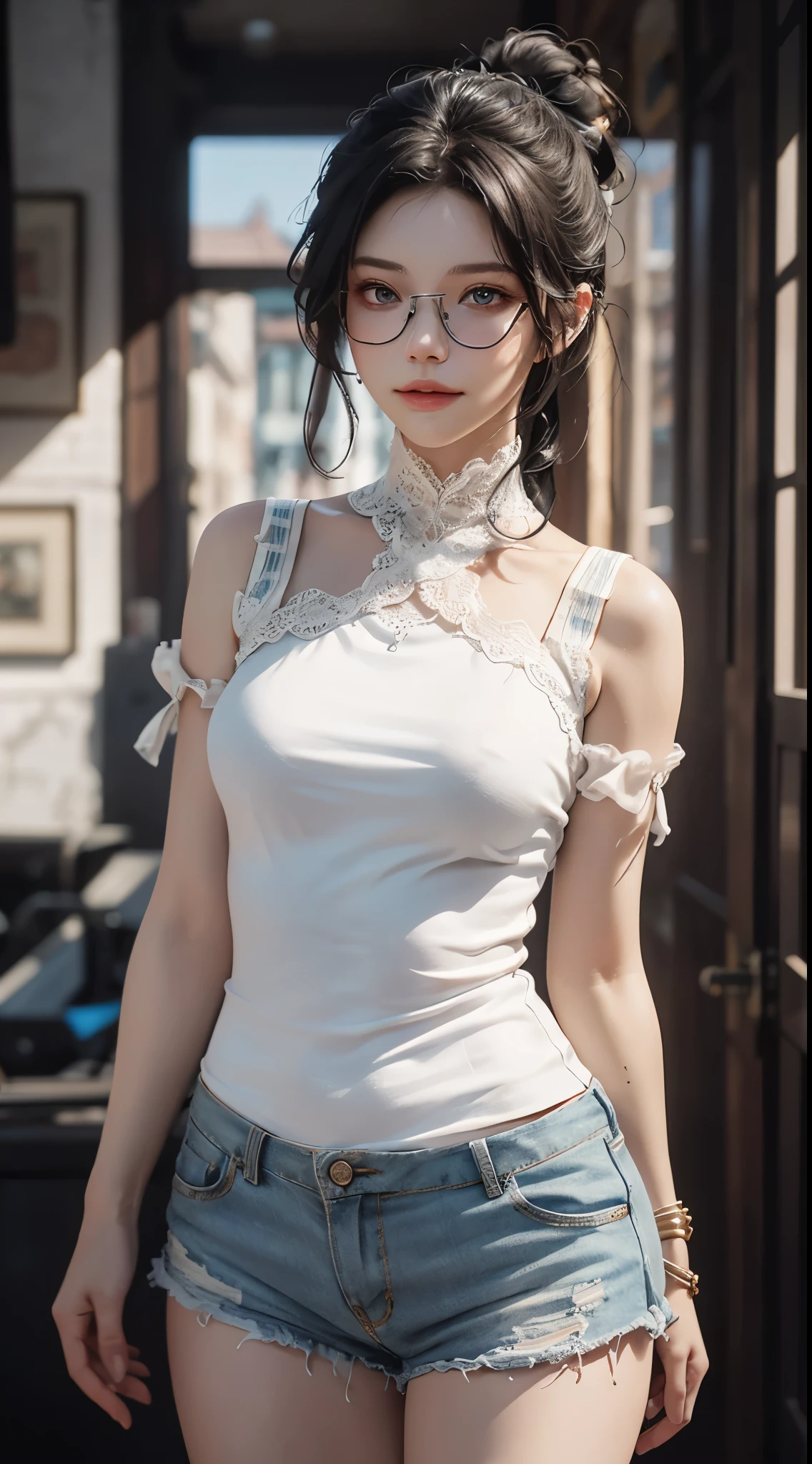 a white hair、Close-up of woman with dragon horns, beautiful figure painting, guweiz, Gurwitz style artwork, White-haired God, author：Yang Jie, Epic and beautiful character art, Stunning character art, author：Fan Qi, by Wuzhun Shifan, guweiz from pixiv art station street, single ponytail, Insult, high ponytail, tall figure, long legs, (sleeveless lace shirt), (shorts), (striped )), ((striped )), Walk, elegant, dignified, feminine, graceful curves, sweet smile, Strong sense of detail and layering, Colorful and gorgeous, Has a unique texture, rich and colorful, Color harmony, vivid, design art, 16k, super detailed, {{illustration}}, {extremely delicate and beautiful}, {Exquisite surface treatment}, super detailed, Exquisite glowing Eyeovie lights}}, Extreme light effects, Model: realism, CFG scale: 12, Laura: Bright texture (1.35), high quality, masterpiece, Exquisite facial features, Delicate hair depiction, Detailed depiction of eyes, masterpiece, best quality, Ray tracing, Extremely detailed CG unified 8k wallpaper, masterpiece, best quality, (1 girl), perfect female figure, (((Skinny white T-shirt))), beautiful eyes, (delicate face), short black hair, hair tied up, Light blue hairpins, Black silk frame glasses, in the classroom, (White skin), (best lighting), (Super intricate details), 4K unified, (super detailed CG), Showing white legs, , hot pants, shorts,