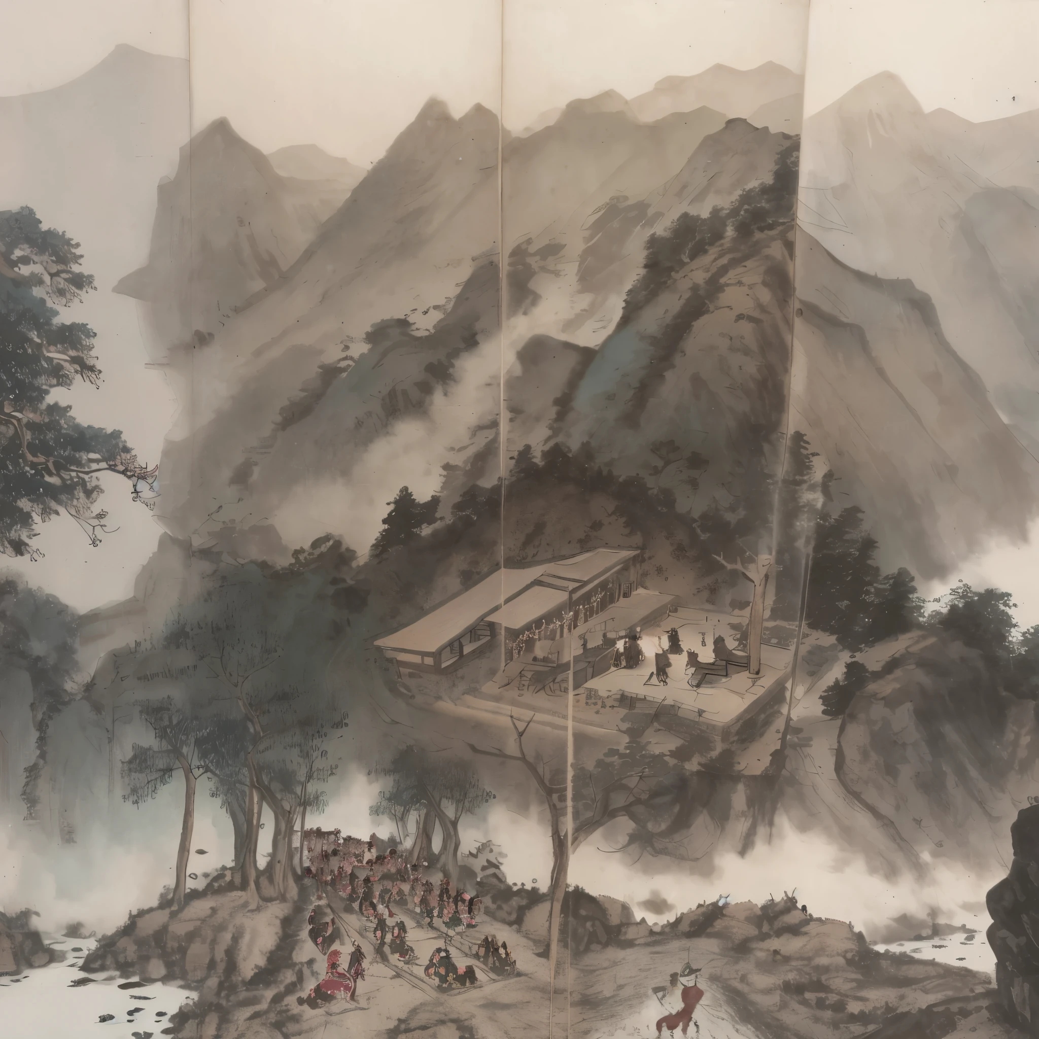 a close up of a painting of a mountain scene with people on horseback, qing dynasty painting, old chines painting, edo era, old japanese art, 1 8 th century japanese painting, from sengoku period, part of the screen, 1 4 8 0 s, inspired by Makuzu Kōzan, ancient japanese painting, japanese painting 8k wide dimension