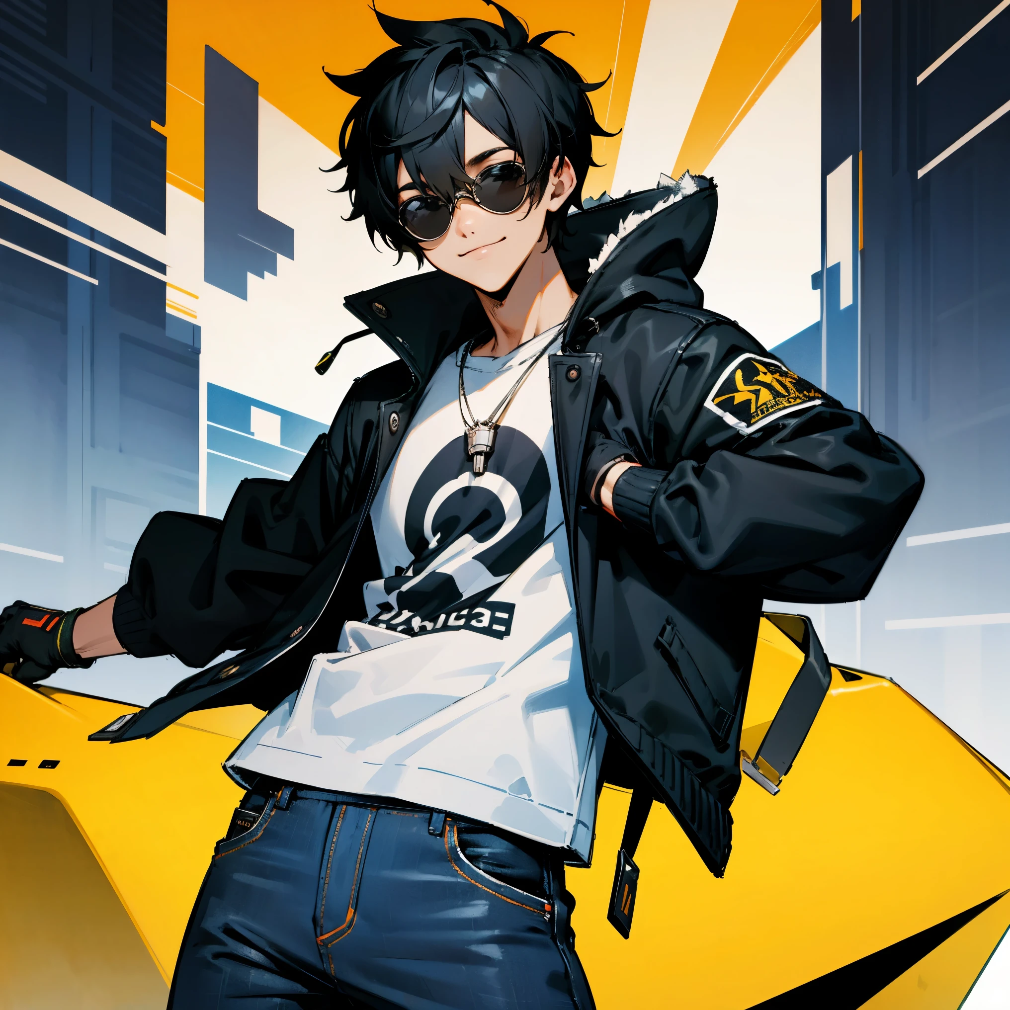 1male,Sunglasses Worn Above eyes , Clout Goggles , Black Puffer Jacket ,Fur Hood, Blue Jeans , Sneakers , White T-Shirt , Modern City Background, Black Hair , Smiling Expression , Black Eyes