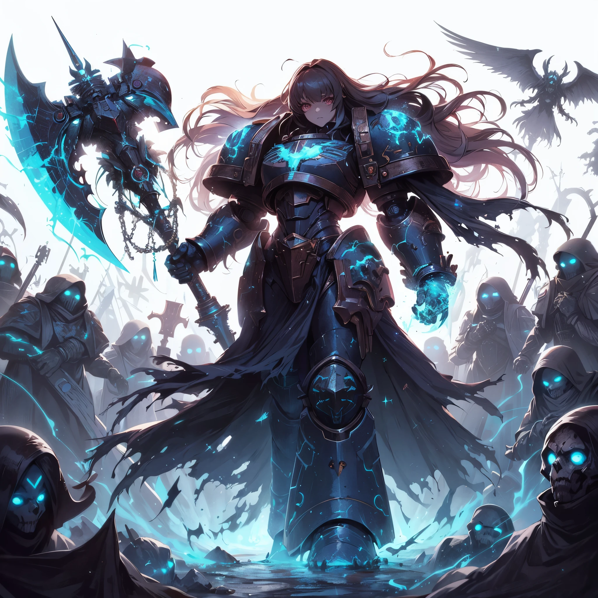 Masterpiece, best quality, ultra-detailed, anime style, solo, full body of Space Marine Girl, blackened burnished power armor, raise up blue discharge luminescent huge axe, surrounded by vengeful Ghostly dead servants, Glowing psychic aura, standing on battle ground, 8k high resolution, trending art station, white background, whole body, drifting blue devil fire, flowing robes, blue wispy, glowing red eyes, darkness, Warhammer 40k