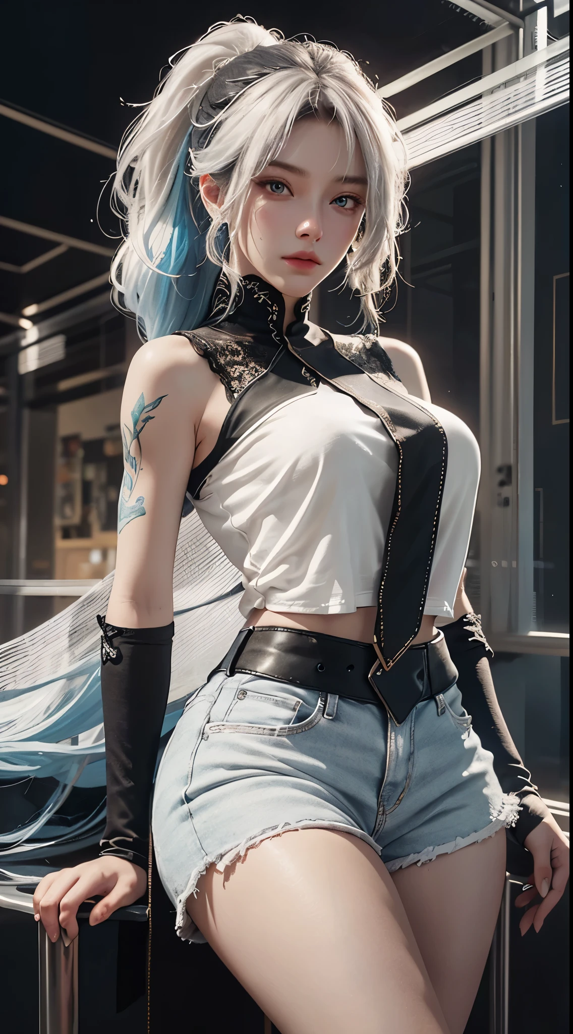 a white hair、Close-up of woman with dragon horns, beautiful figure painting, guweiz, Gurwitz style artwork, White-haired God, author：Yang Jie, Epic and beautiful character art, Stunning character art, author：Fan Qi, by Wuzhun Shifan, guweiz from pixiv art station street, single ponytail, Insult, high ponytail, tall figure, long legs, (sleeveless lace shirt), (shorts), (striped )), ((striped )), Walk, elegant, dignified, feminine, graceful curves, sweet smile, Strong sense of detail and layering, Colorful and gorgeous, Has a unique texture, rich and colorful, Color harmony, vivid, design art, 16k, super detailed, {{illustration}}, {extremely delicate and beautiful}, {Exquisite surface treatment}, super detailed, Exquisite glowing Eyeovie lights}}, Extreme light effects, Model: realism, CFG scale: 12, Laura: Bright texture (1.35), high quality, masterpiece, Exquisite facial features, Delicate hair depiction, Detailed depiction of eyes, masterpiece, best quality, Ray tracing, Extremely detailed CG unified 8k wallpaper, masterpiece, best quality, (1 girl), perfect female figure, (((Skinny white T-shirt))), beautiful eyes, (delicate face), short black hair, hair tied up, Light blue hairpins, Black silk frame glasses, in the classroom, (White skin), (best lighting), (Super intricate details), 4K unified, (super detailed CG), Showing white legs, , hot pants, shorts,