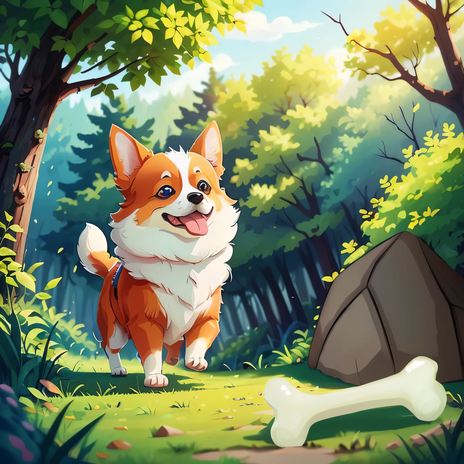 Cartoon dog in the woods，There is a bone in the foreground, Lovely and detailed digital art, background art, cute Corgi, Isometric 3d fantasy cute dog, cartoon style illustration, background artwork, game illustration, Corgi, mobile game art, mobile game background, Drawing of cute puppy, Corgi with [ angel wings ]!!, cute digital art, Detailed fanart, Digital Cartoon Painting Art