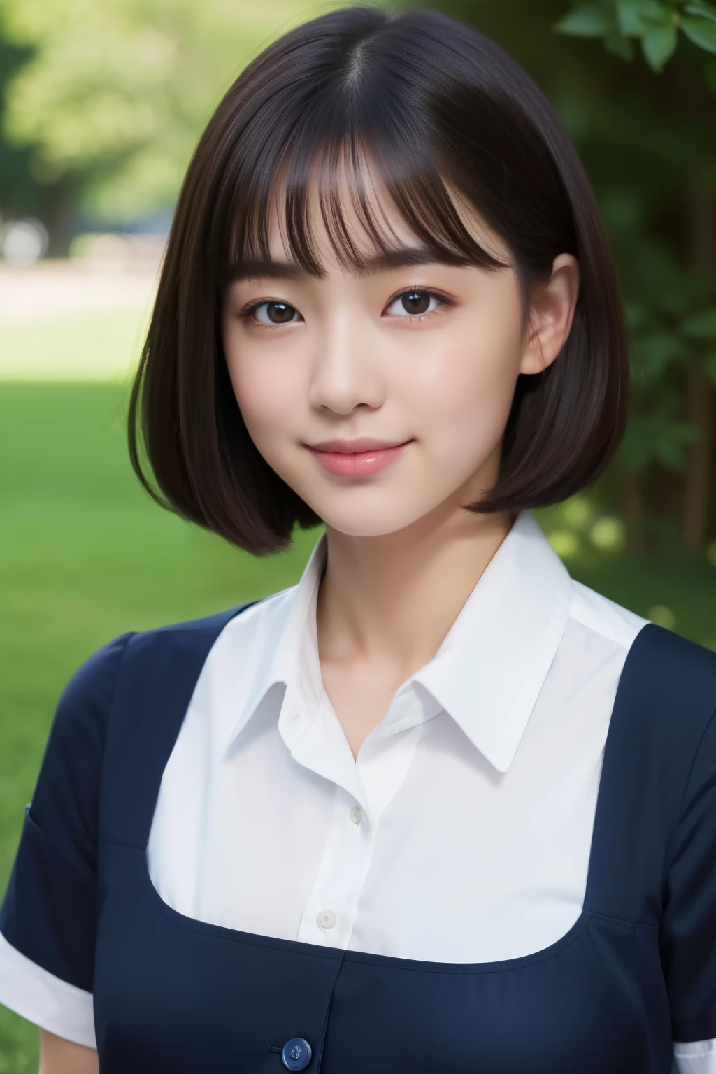 (masterpiece、16K image、High level image quality、highest quality)、solo、1 girl、15 year old girl、white short sleeve shirt blouse、navy chool uniform,Flawless)、(Flawless解剖学,beautiful limbs、healthy body、beautiful skin)、sunny day、black haired、bob cut、shortcut、short haired、black eye、On the way home、big breasts:1.5、School、(hot gaze)、Artistic.、Beautiful woman、beautiful body、smile、Professional、