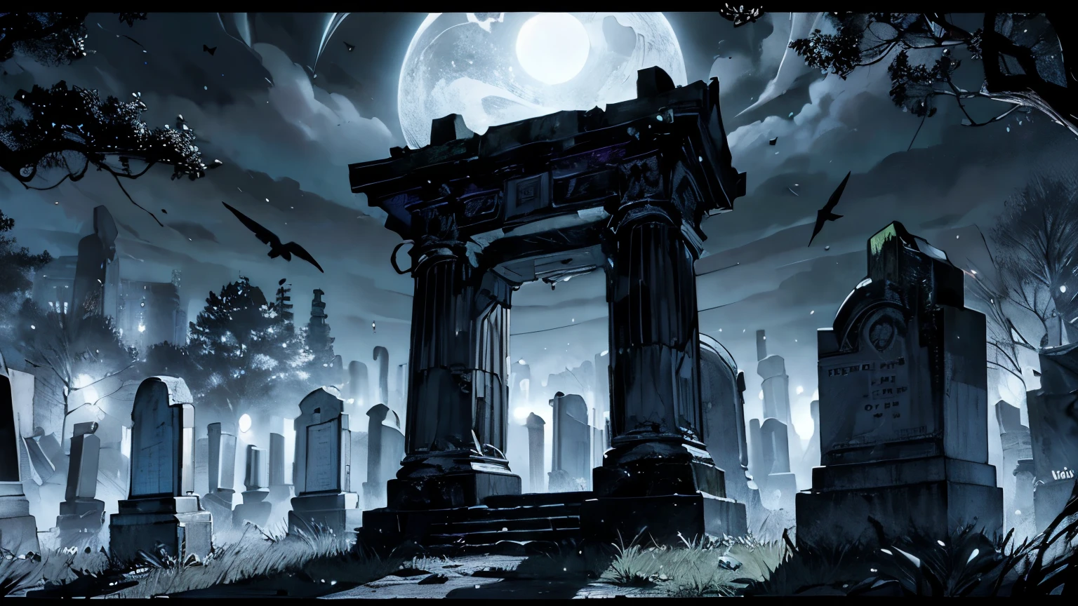 dark and gloomy night, in an ancient and macabre cemetery with old tombs and graves and many tomb works