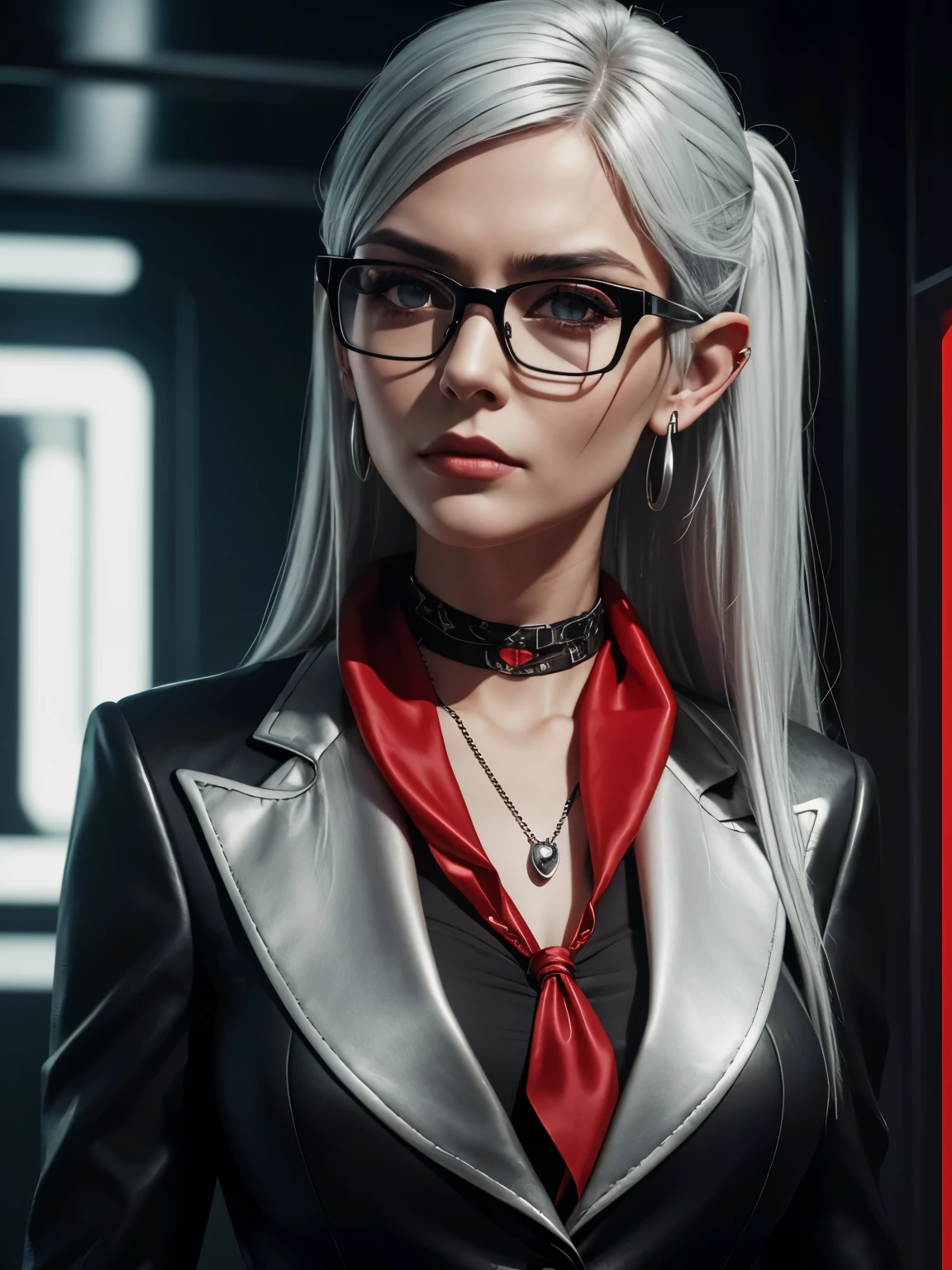 Woman with pointed ears, narrow face, silver hair and glasses, suit (black with golf strings) with low neckline, arrogant, red handkerchief, cigarette, cyberpunk