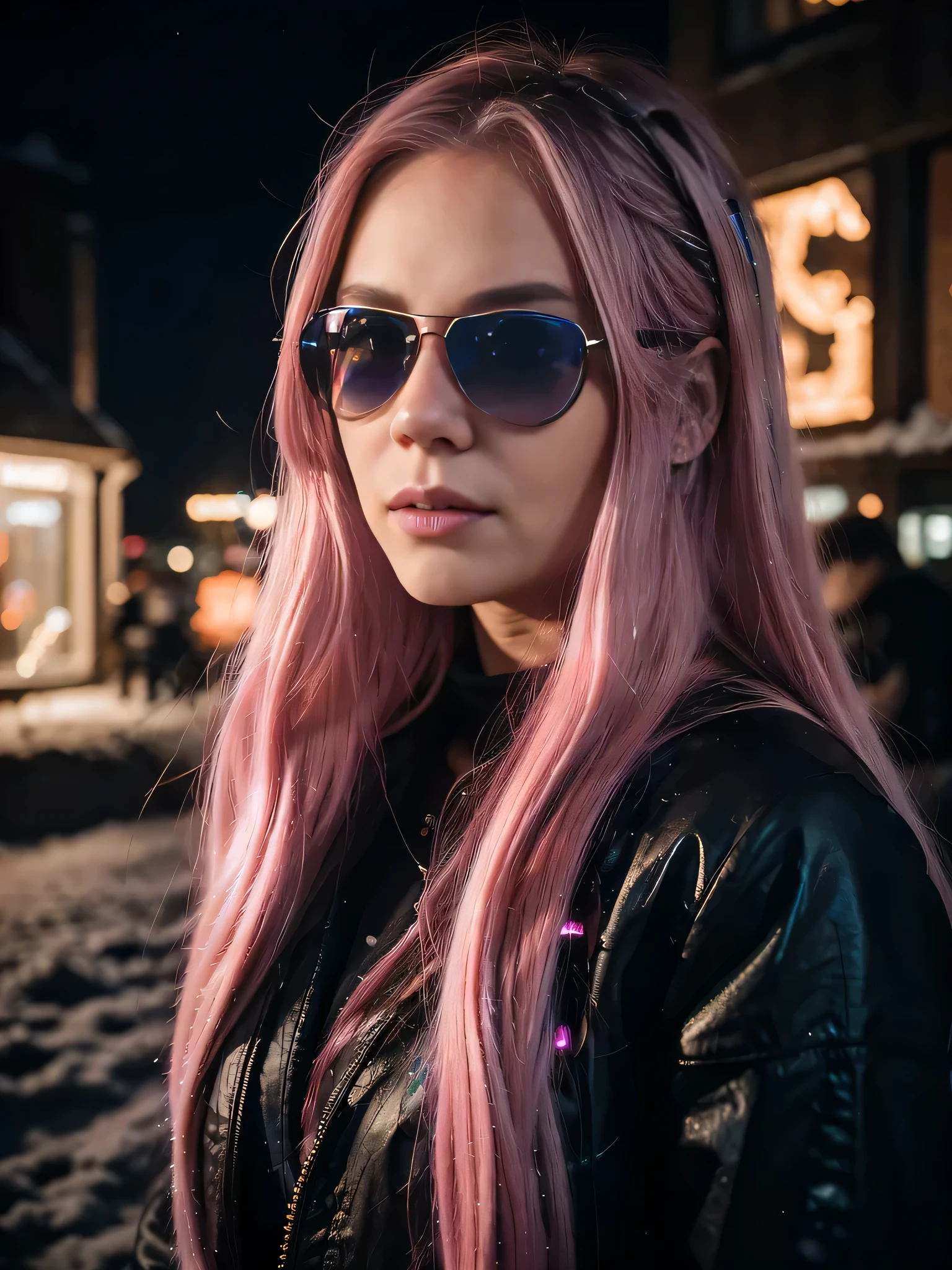 A woman with pink hair and sunglasses standing in the snow - SeaArt AI
