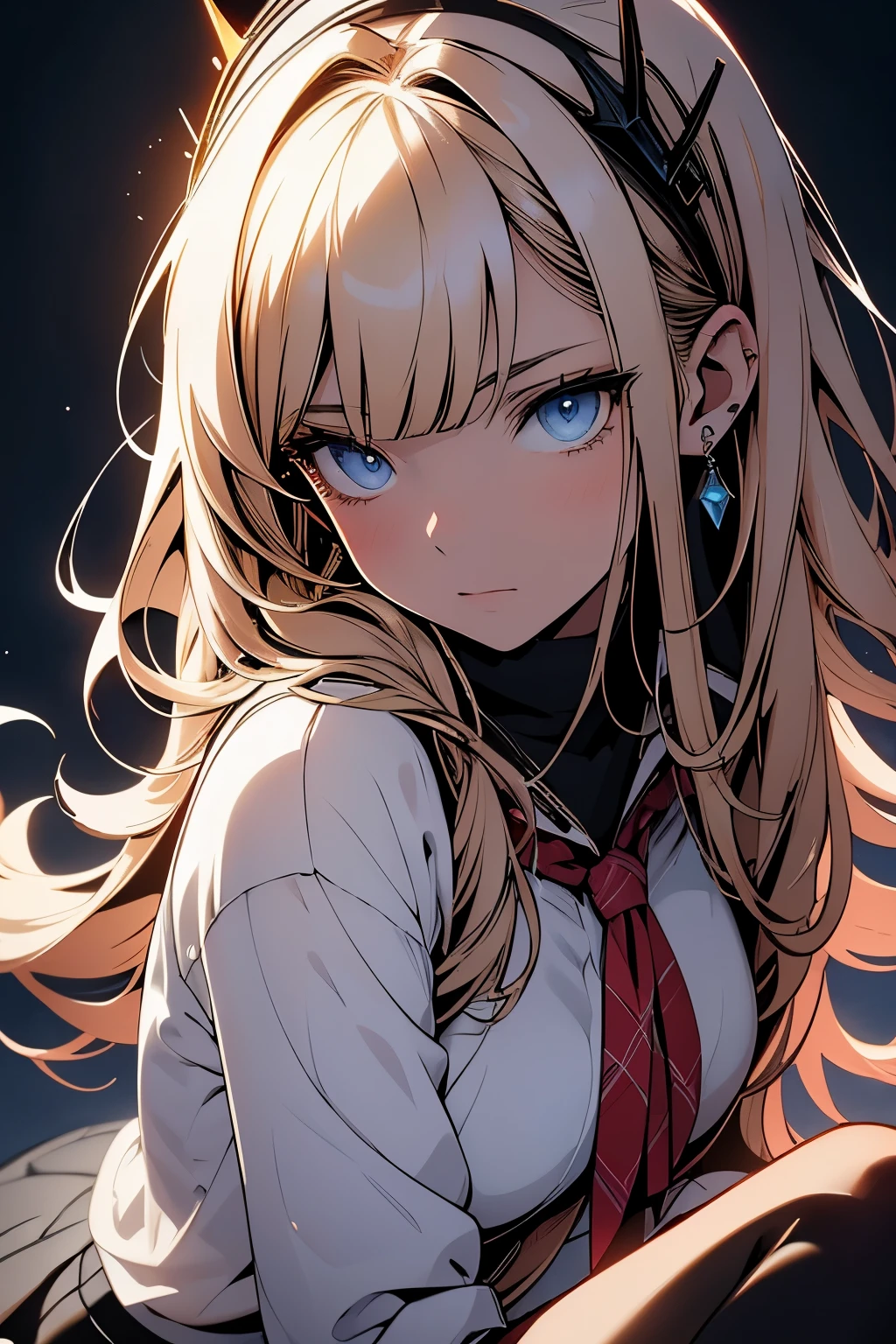 (masterpiece), best quality, beautiful woman, expressive eyes, perfect face,1 woman, a movie still of a super model, fashionable, seductive, detailed face, silver mini crown, flipped hair, blonde hair, long hair, short sidelock, shiny hair, blunt bangs, blue eyes, pupils sparkling, illustration, contrapposto, cinematic lighting, cinematic angle, pale gradient sailor shirt, coral ribbon, aqua pleated plaid skirt, loose socks, deck shoes, cgsociety, manga art, anime aesthetic, anime, soft light, strong line work, ((cel shaded style)), line art, simple background, modernism, natural style, neon, detailed iris, (first person point of view:1.3), anime