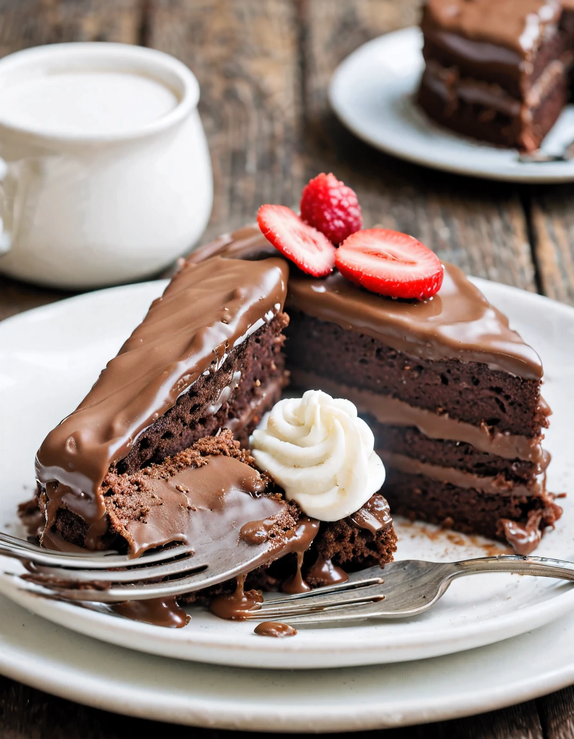 there is a piece of chocolate cake on a plate with a fork, cake, yummy, chocolate, yum, decadent, battered, chocolate frosting, dessert, glazed, pastry, crisp and sharp,