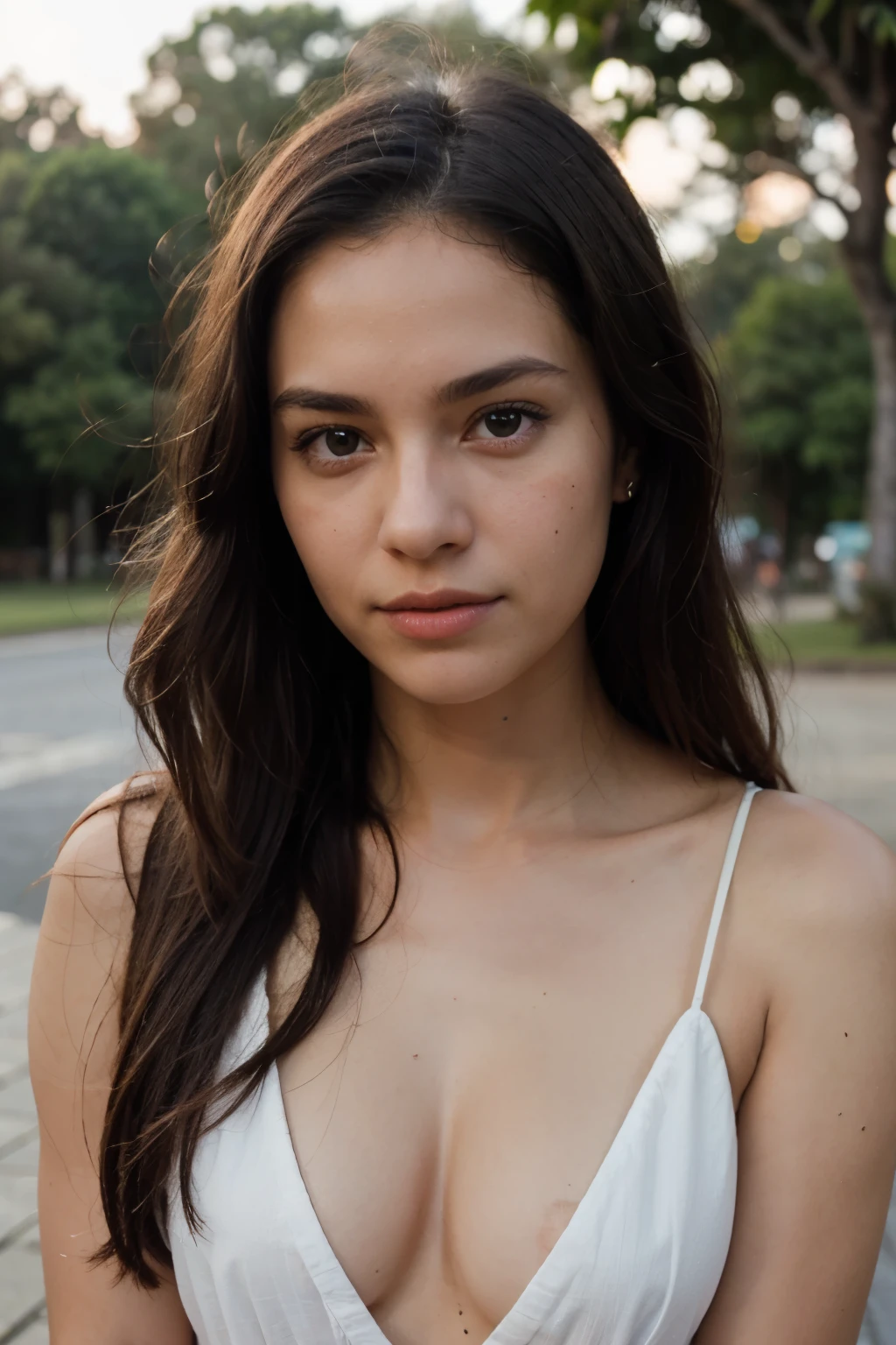 A photorealistic portrait of a 21-year-old haitian girl with long, flowing dark hair and striking dark eyes. She should have a natural, approachable expression and be illuminated by soft, golden-hour sunlight. The background should be a scenic outdoor setting, perhaps a sunlit park or beach. Capture this image with a high-resolution photograph using an 85mm lens for a flattering perspective.