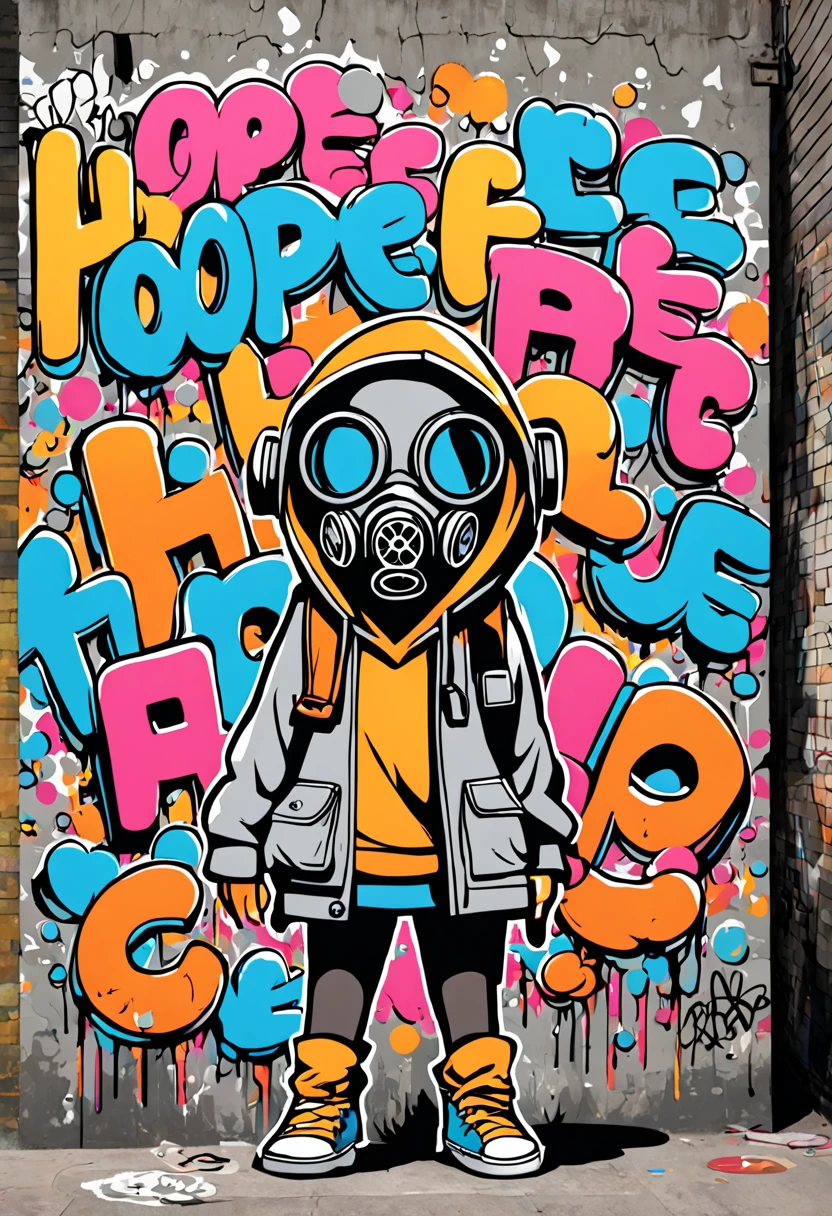 graffiti style comic {{Artistic digital painting} A graffiti comic in the style of Banksy and street art. The composition features a girl in a gas mask standing near a dripping bold outlined thought bubble that says "Hope". She is surrounded by colorful stylized bubble letters and characters. The background is a grungy concrete wall with peeling paint and graffiti tags. The style combines photorealism with thick bold outlines, vibrant fantasy colors, and dynamic energy.} . street art, vibrant, urban, detailed, tag, mural, graphic illustration, comic art, graphic novel art, vibrant, highly detailed