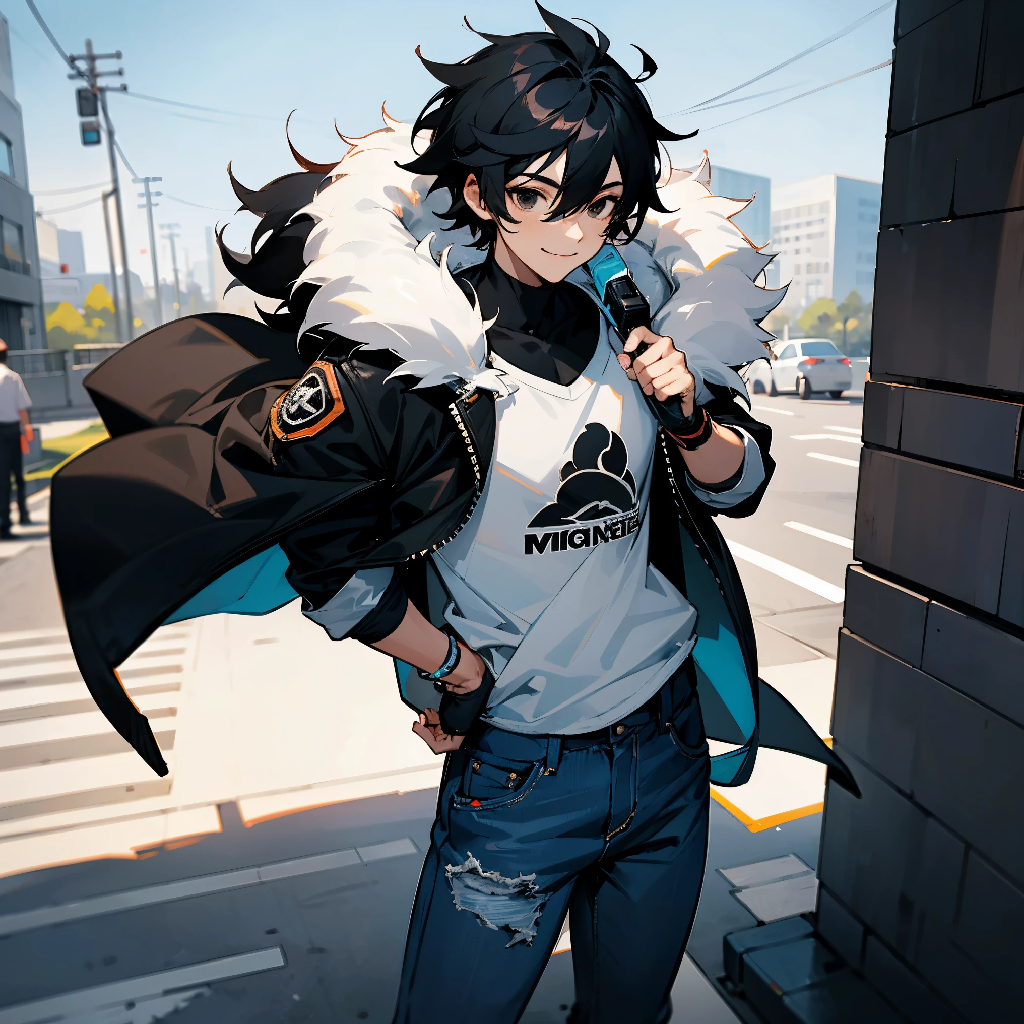 1male,White Sunglasses Worn Above eyes , Clout Goggles , Black Puffer Jacket ,Fur Hood, Jeans , Sneakers , White T-Shirt , Modern City Background, Black Hair , Smiling Expression , Black Eyes, Messy Hair , Standing on sidewalk