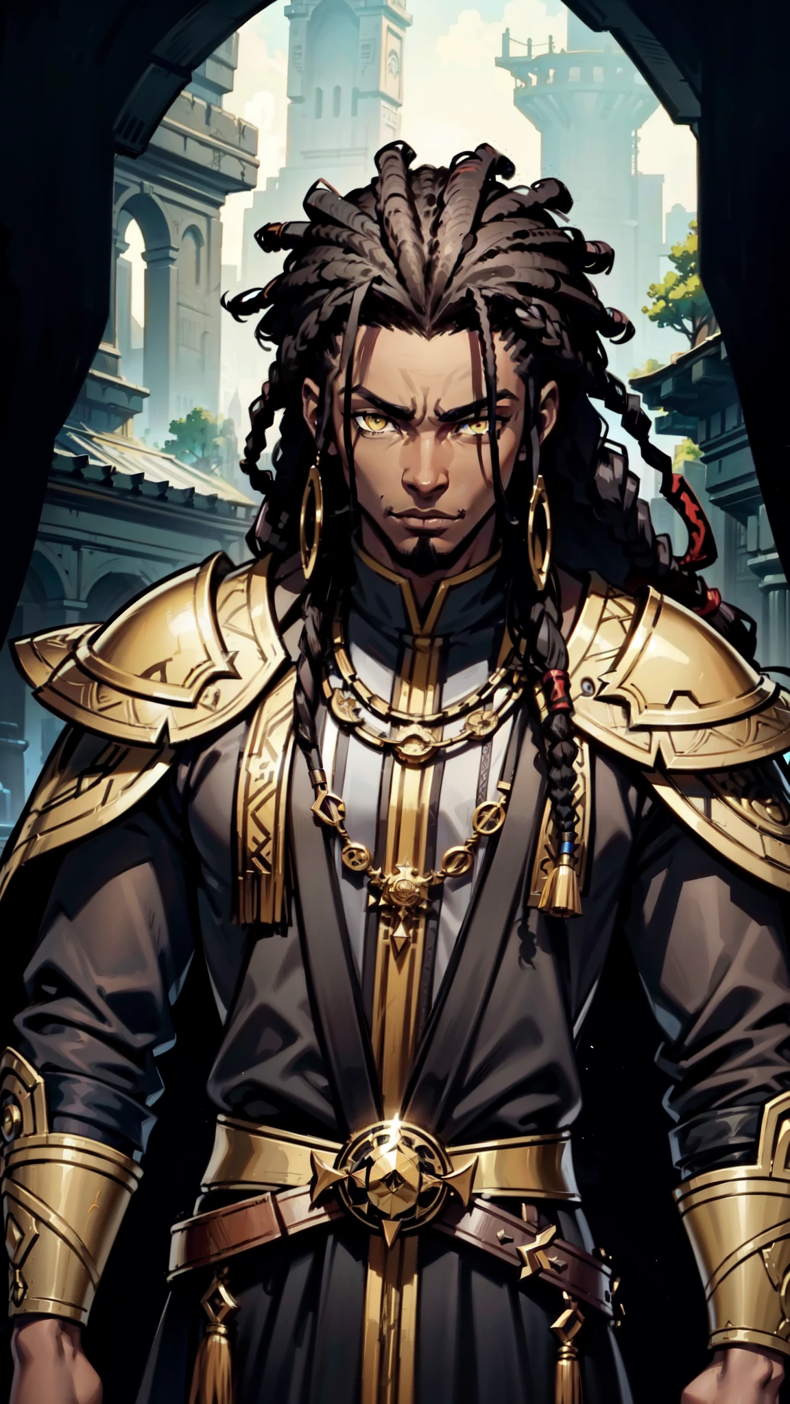 (Concept Art) of an (African-American) male, with dark black (dreadlocks), yellow eyes, dark (brown skin), (regal assassin), sith robes, demon prince, close-up shot, perfect composition, hyper-detailed, 8K, high quality, (perfect eyes), trending art, sharp focus, studio photo, intricate details, action pose