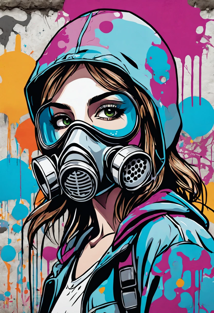 graffiti style comic {{Artistic digital painting} A graffiti comic in the style of Banksy and street art. The composition features a girl in a gas mask standing near a dripping bold outlined thought bubble that says "Hope". She is surrounded by colorful stylized bubble letters and characters. The background is a grungy concrete wall with peeling paint and graffiti tags. The style combines photorealism with thick bold outlines, vibrant fantasy colors, and dynamic energy.} . street art, vibrant, urban, detailed, tag, mural, graphic illustration, comic art, graphic novel art, vibrant, highly detailed