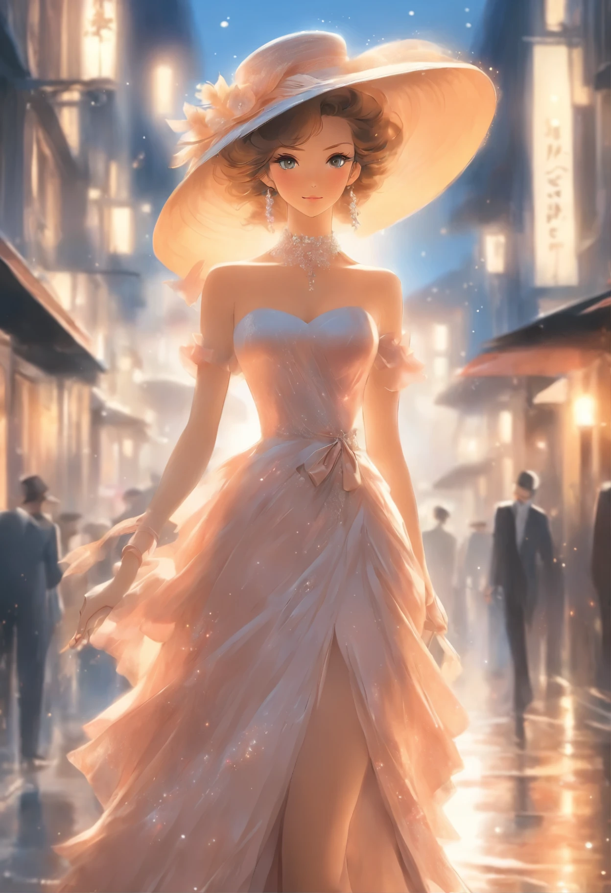 a woman in a dress and hat walking down a street, a pastel by Alexander Brook, pinterest, art nouveau, sophisticated dress, beautiful detailed elegant, wearing an elegant outfit, beautiful and elegant, wearing an elegant dress, elegant dress, elegant clothes, beautiful dress, clear curvy details, high fashion classy, intricate and elegant, stunning elegant, elegant and graceful