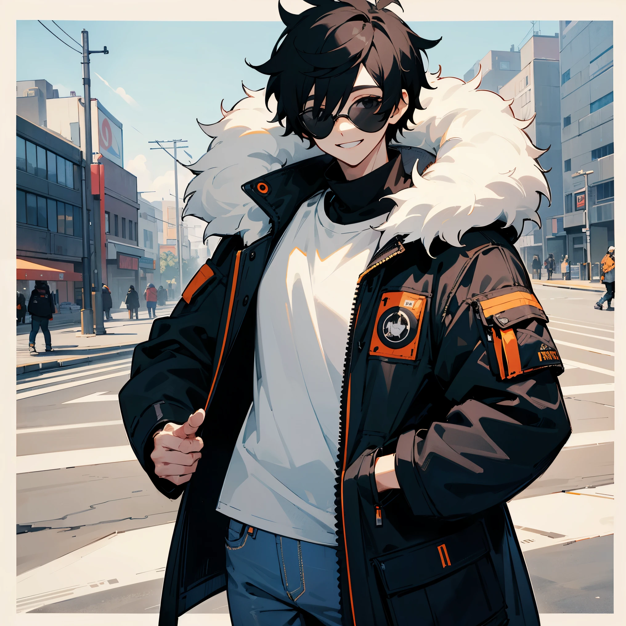 1male,White Sunglasses Worn Above eyes , Clout Goggles ,Fitted Black Puffer Coat ,Fur Hood, Jeans , Sneakers , White T-Shirt , Modern City Background, Black Hair , Smiling Expression , Black Eyes, Messy Hair , Standing on sidewalk
