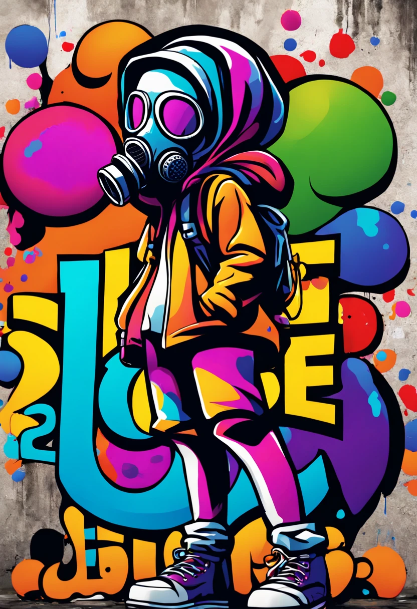 {Artistic digital painting} A graffiti comic in the style of Banksy and street art. The composition features a girl in a gas mask standing near a dripping bold outlined thought bubble that says "Hope". She is surrounded by colorful stylized bubble letters and characters. The background is a grungy concrete wall with peeling paint and graffiti tags. The style combines photorealism with thick bold outlines, vibrant fantasy colors, and dynamic energy.