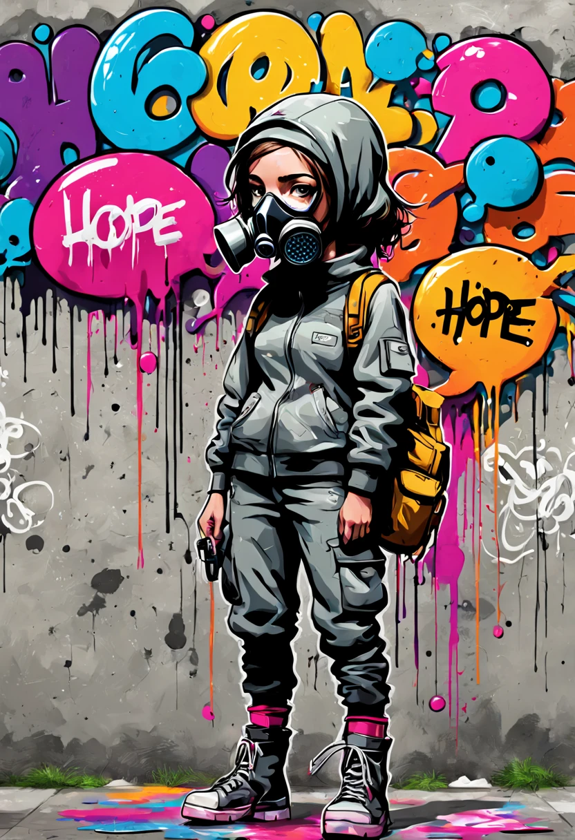 {Artistic digital painting} A graffiti comic in the style of Banksy and street art. The composition features a girl in a gas mask standing near a dripping bold outlined thought bubble that says "Hope". She is surrounded by colorful stylized bubble letters and characters. The background is a grungy concrete wall with peeling paint and graffiti tags. The style combines photorealism with thick bold outlines, vibrant fantasy colors, and dynamic energy.
