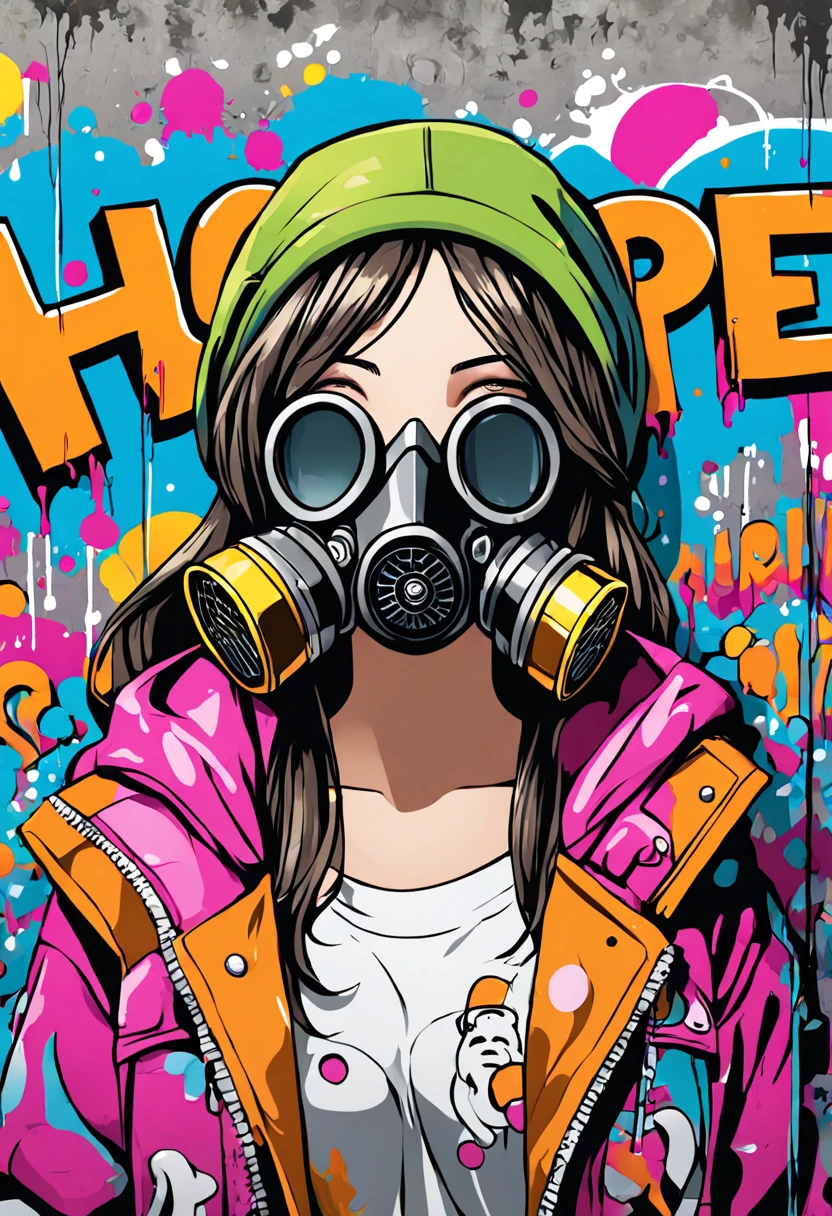 {Artistic digital painting} A graffiti comic in the style of Banksy and street art. The composition features a girl in a gas mask standing near a dripping bold outlined thought bubble that says "Hope". She is surrounded by colorful stylized bubble letters and characters. The background is a grungy concrete wall with peeling paint and graffiti tags. The style combines photorealism with thick bold outlines, vibrant fantasy colors, and dynamic energy.