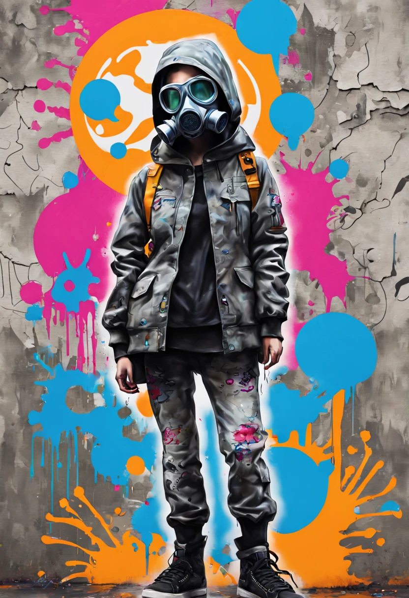 {Artistic digital painting} A graffiti comic in the style of Banksy and street art. The composition features a girl in a gas mask standing near a dripping bold outlined thought bubble that says "Hope". She is surrounded by colorful stylized bubble letters and characters. The background is a grungy concrete wall with peeling paint and graffiti tags. The style combines photorealism with thick bold outlines, vibrant fantasy colors, and dynamic energy.