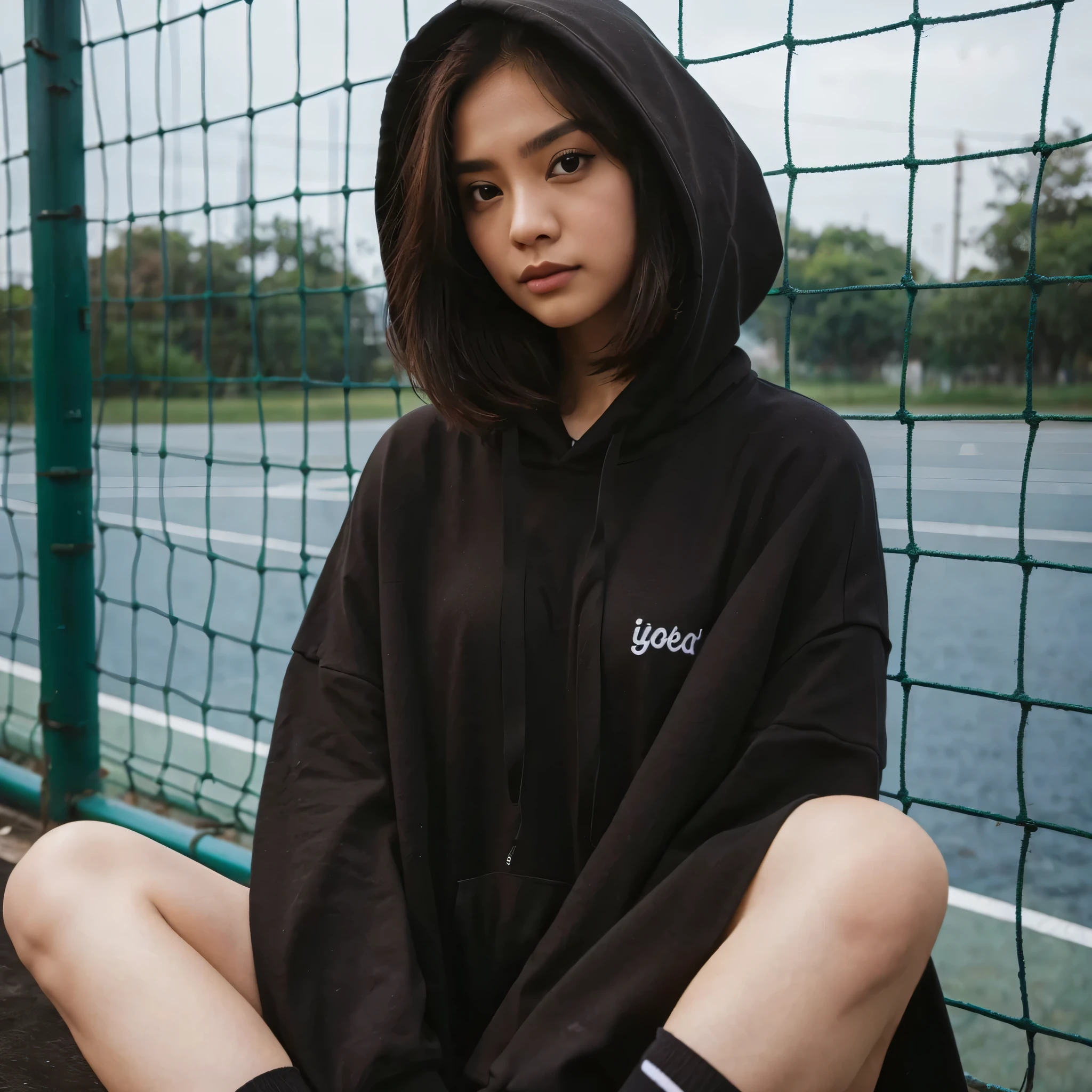 Photography, seorang gadis yang memakai sweater Hoodie hitam oversize, duduk bersandar, background lapangan basket