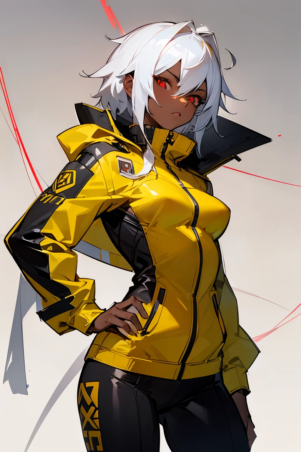 Muscular black woman in skin tight clothes, white hair, tight yellow jacket, Red eyes, AB Xcover, intricate pencil sketch