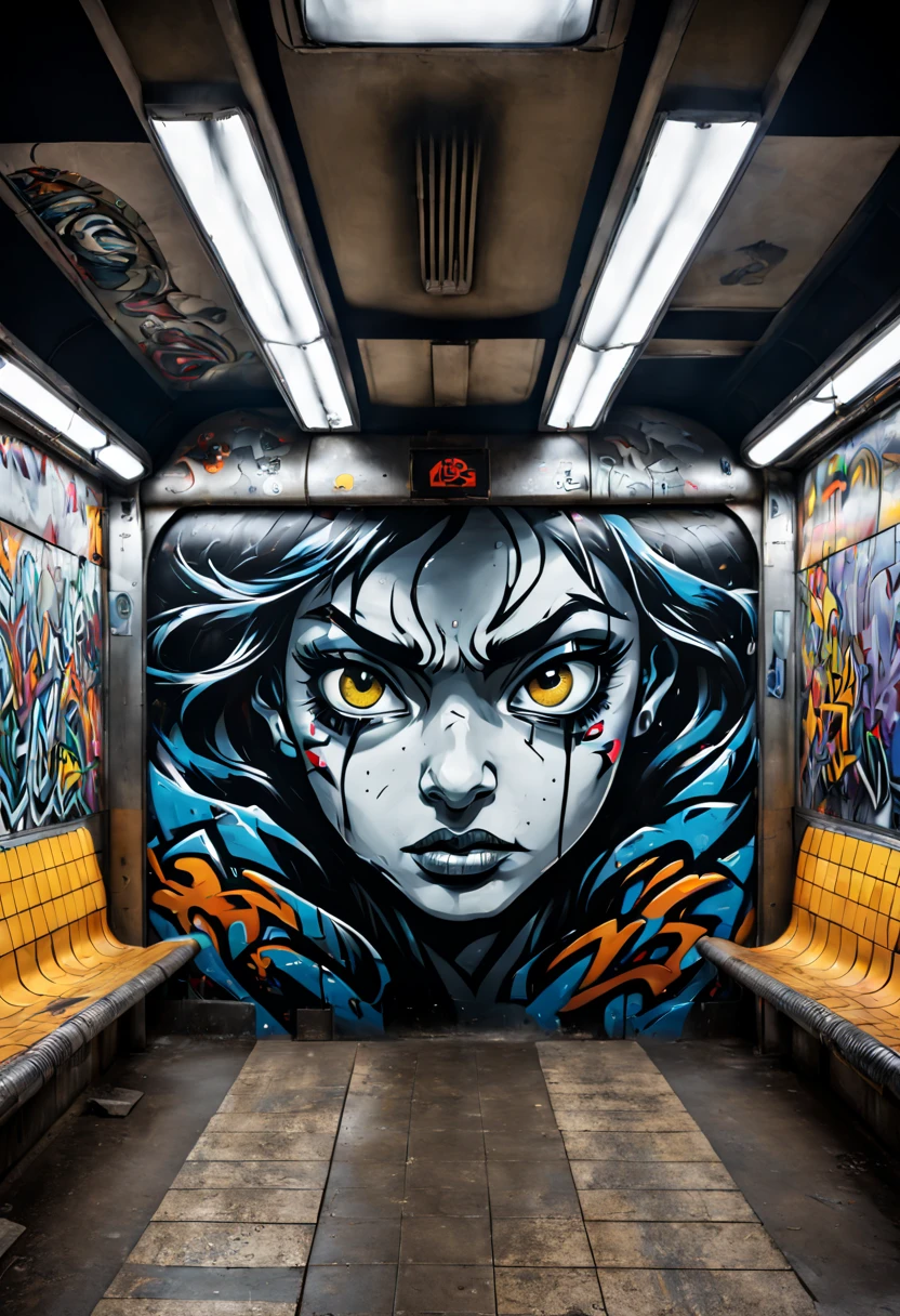 Gritty subway station with realistic graffiti art in the style of a graphic novel, intense expressions on characters' faces, underground atmosphere, Canon EOS R8, wide angle lens