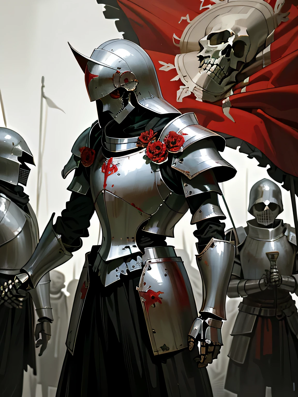 (((dark fantasy art))), Human skeleton, white bones, empty eyes, windings, (Broken armor), tarnished armor, holey armor, less armor, round iron helmet, (red comb), Iron Breastplate, holding a brown-red banner, hopeless art, dark art, dark oily liquids, A ruined environment, gloomy foggy landscapes, highly detailed art, very detailed background