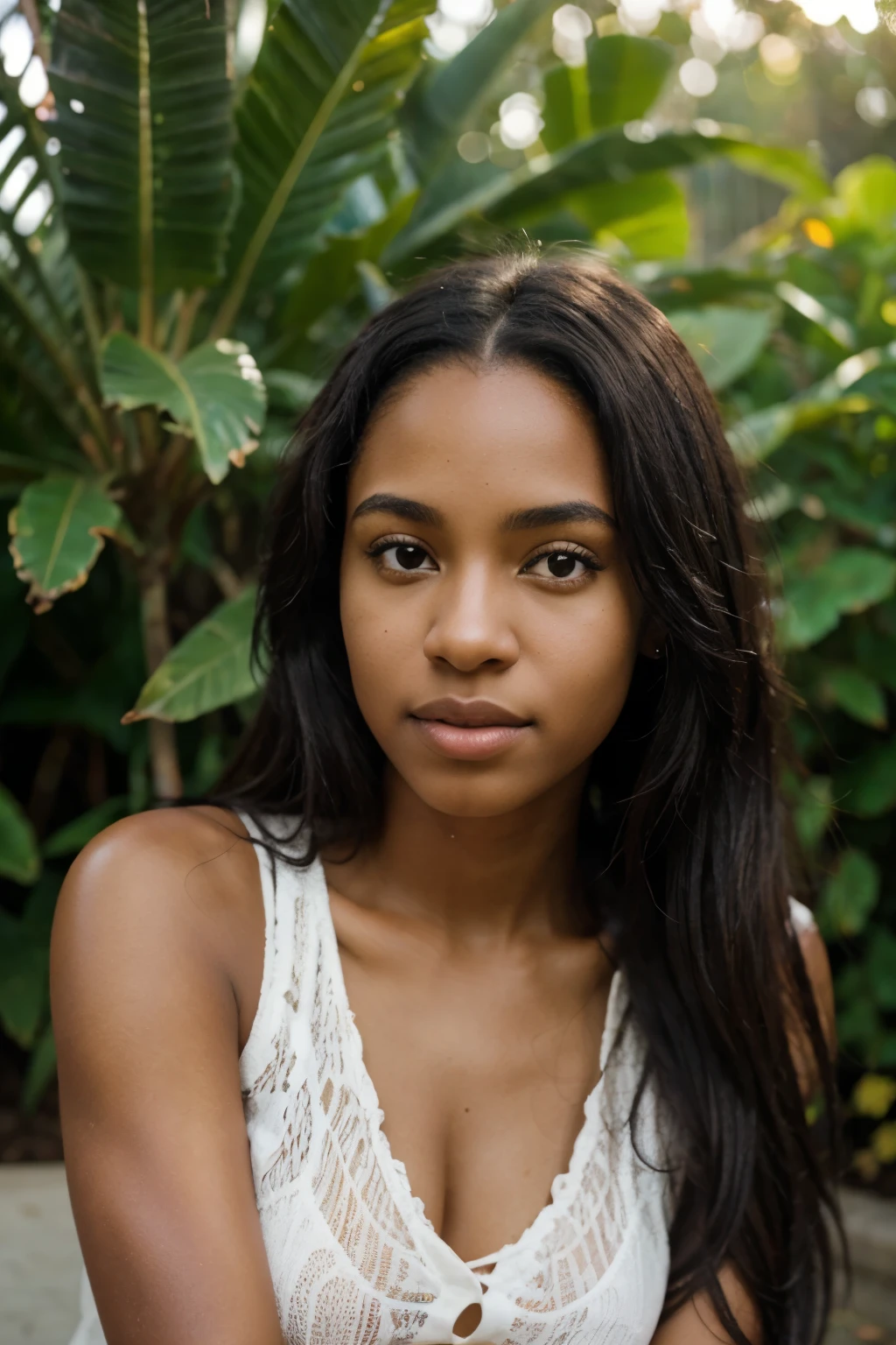 A photorealistic portrait of a young 21 year old Haitian African American woman with long dark hair and striking dark eyes. It should have a natural, approachable expression and be illuminated by the soft sunlight of the golden hour. The background should be a picturesque outdoor setting, perhaps a sunlit park or beach. Capture this image with high-resolution photography using an 85mm lens for a flattering perspective.