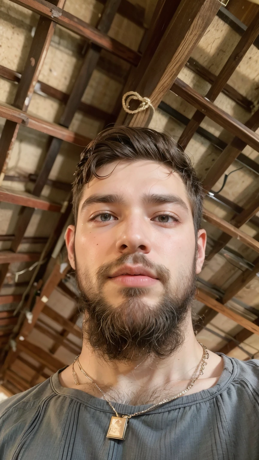 There is a man with a beard and a necklace around his neck, 28 anos de idade, 29 anos, 32 anos, barba natural, 27 anos de idade, 24 anos de idade, 23 anos, barba cheia, 22 anos de idade, barba pequena, cerca de 3 5 anos, with a barba pequena, messy beard, neck beard