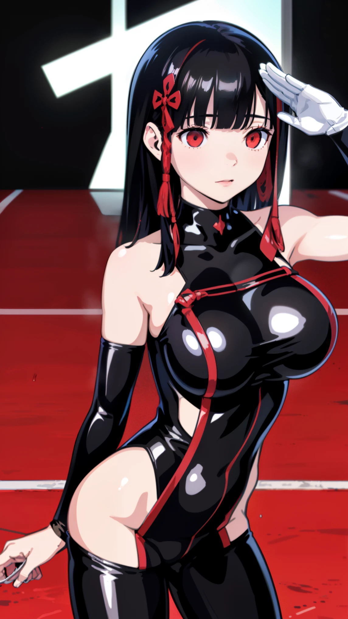 1 girl, NSFW, Yamashiroren,(Mato Seihei no Slave),yamashiro768, clavicle, glowing red eyes,absurd, brainwashing,empty eyes,  huge breasts,erasure of emotions, No expression,(black latex tight bodysuit),look away , 全身figure, ((stand up,salute,)),(highest quality、4k、8k、High resolution、must have:1.2)、Super detailed、(reality、realisticです、realistic:1.37)、ticker、hyper hd、studio lighting、ultra definition paint、sharp focus、Physically based rendering、extreme details、Professional specifications、vibrancy and color、blurry、sports portrait、landscape、horror style、anime big breasts、SF、photograph、concept artist、five fingers, perfect body,  {{{masterpiece}}}, {{{highest quality}}}, {{super detailed}}, {figure}, {{very delicate and beautiful}},Promoting cost performance、all roles、Canon 5D MK4でphotograph、photograph, 