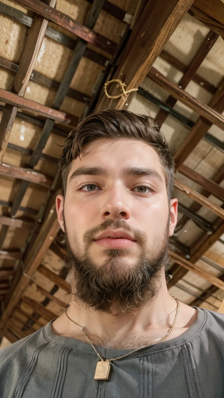 There is a man with a beard and a necklace around his neck, 28 anos de idade, 29 anos, 32 anos, barba natural, 27 anos de idade, 24 anos de idade, 23 anos, barba cheia, 22 anos de idade, barba pequena, cerca de 3 5 anos, with a barba pequena, messy beard, neck beard