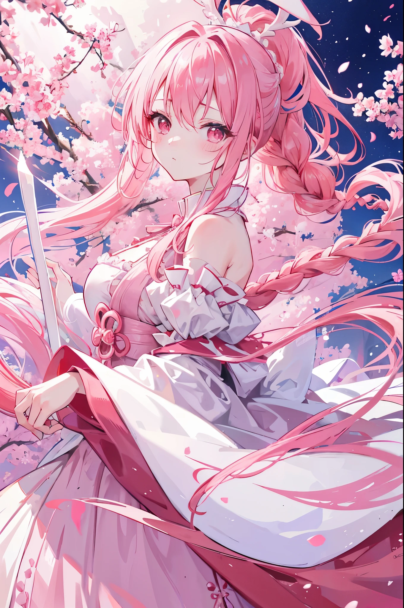 Sakura pink hair，red eyes，single ponytail，A braid，tied up hair，long hair，curls，mage，White and pink princess dress，White，holding magic wand，passionate，Epic，poster，cute，blush，high quality，4k，one person，white rabbit ears
