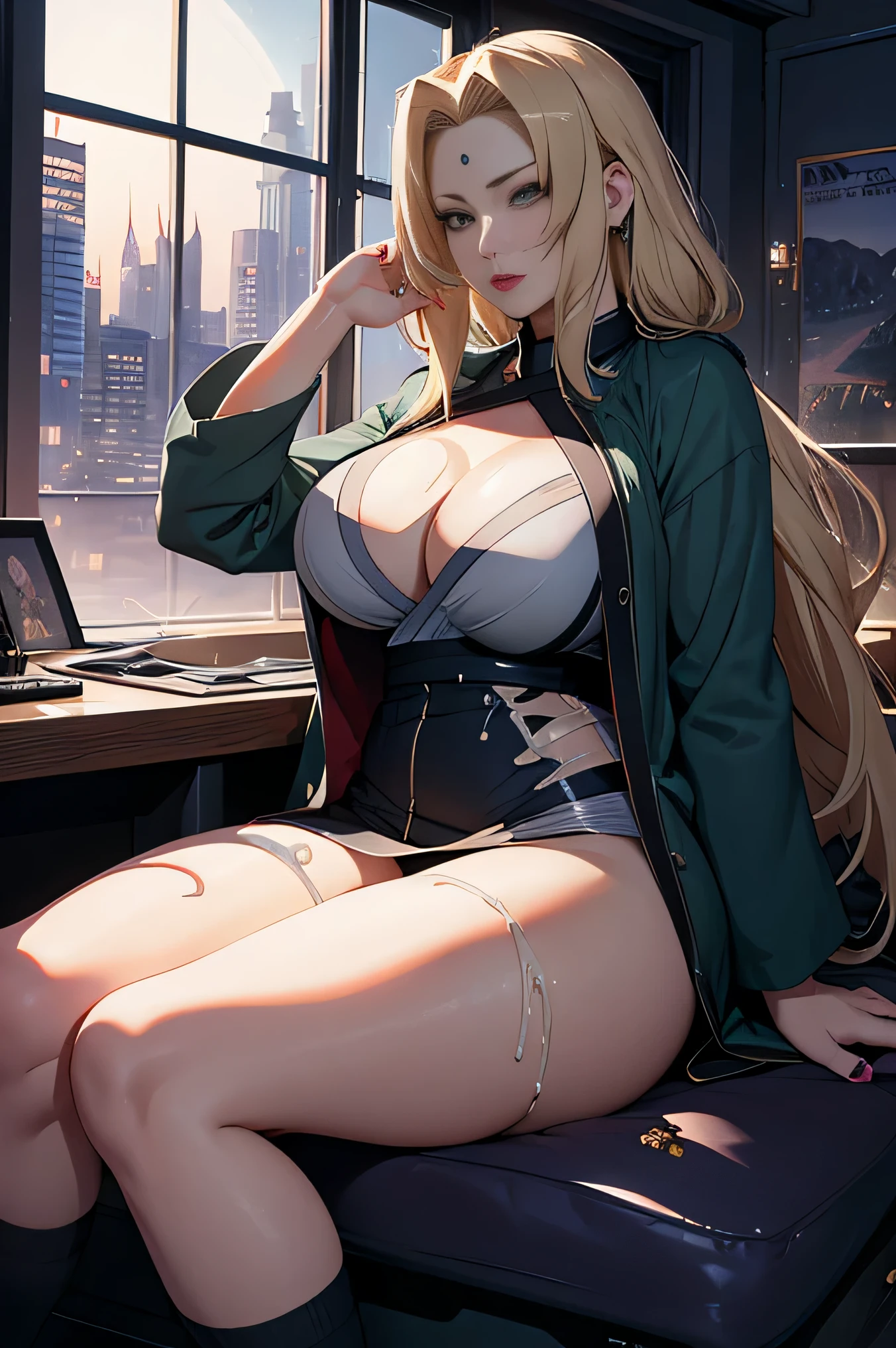 night time cinematic color beautiful women tsunade, her big her large pussy, her beast leaking milk, her pussy leaking lot of cum on a sits in a spaceship and window can showing beautiful night city in down
