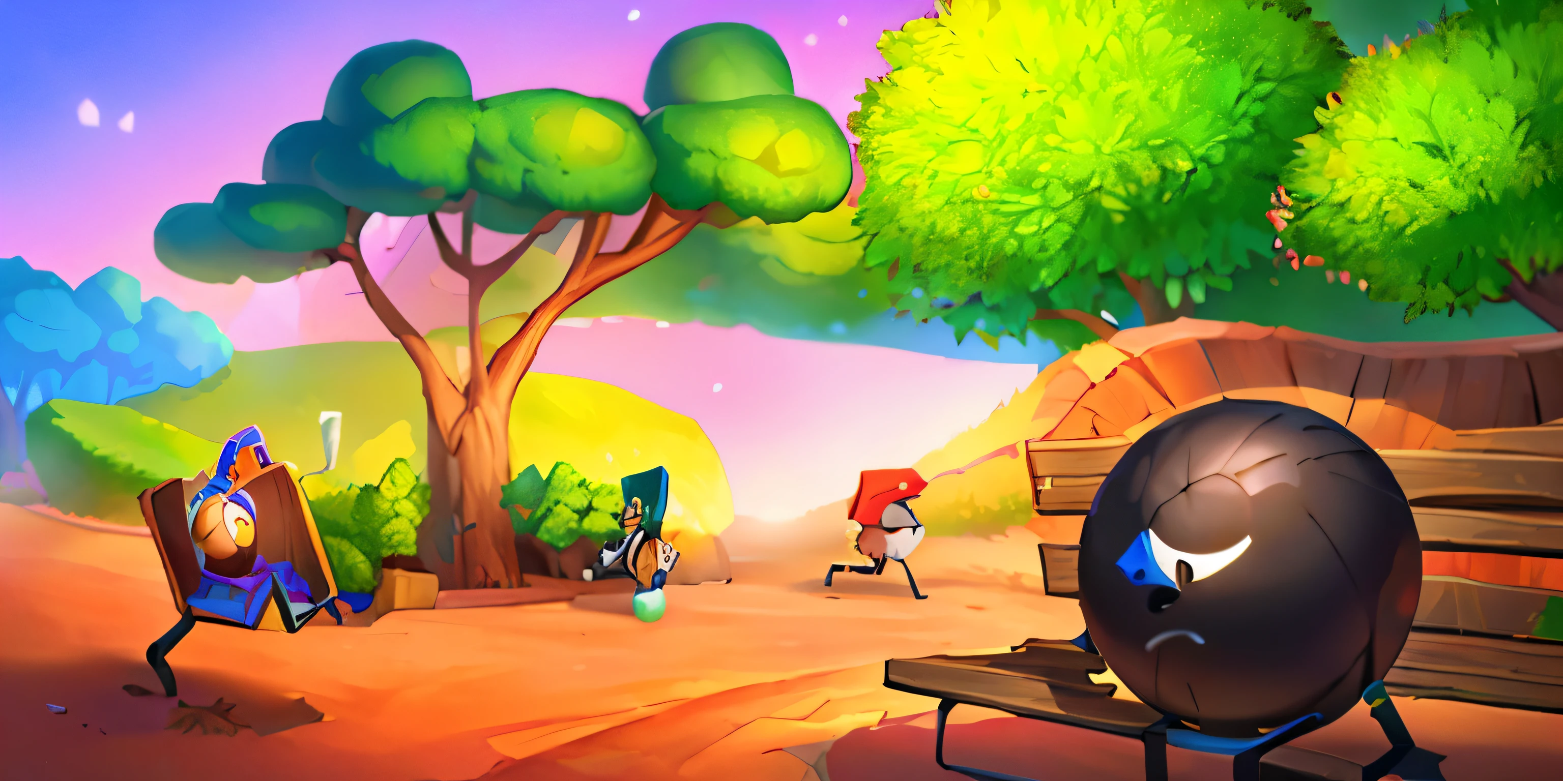 drawing of a black ball with sad eyes sitting on a park bench with a tree in the background, captura de tela do jogo, jogo 2d, plataform jogo 2d, caricatural e simplista, 2 animation, 2d animation, captura de tela do jogo, unidade 2 d, postapo game, arte do jogo 2D, jogo 2d art