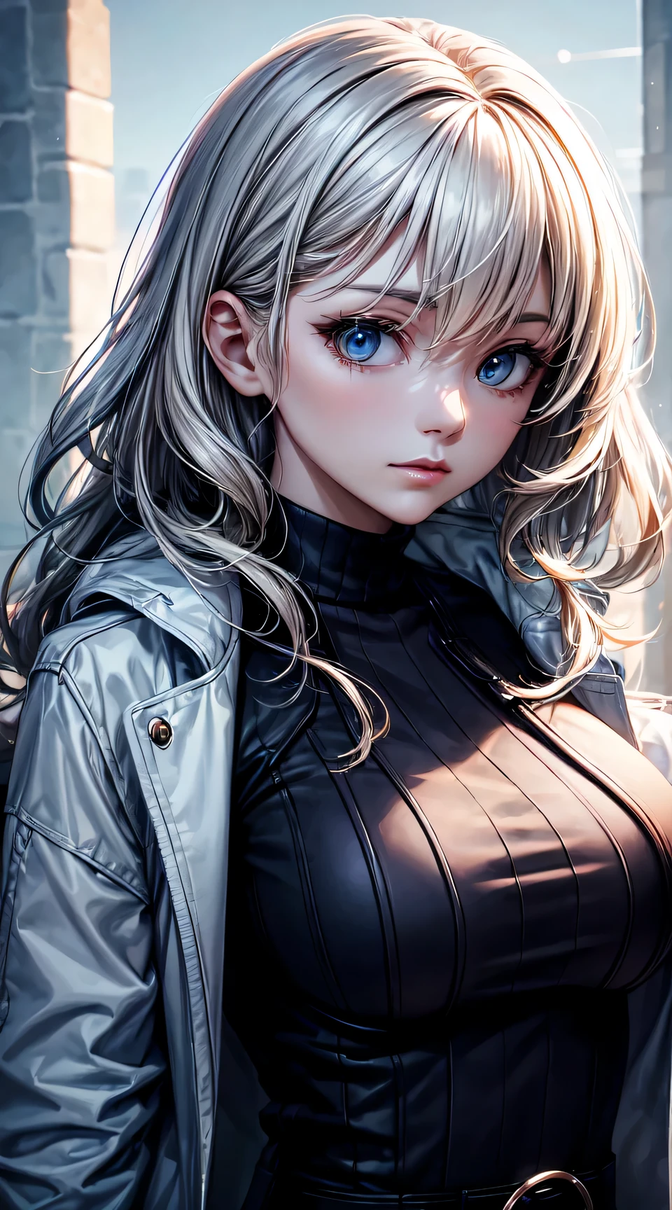 (best quality:1.5, highres, UHD, 4K, detailed lighting, shaders), white wavy hair, large breasts , woman jacket, long coat, (pov), Portrait, white background