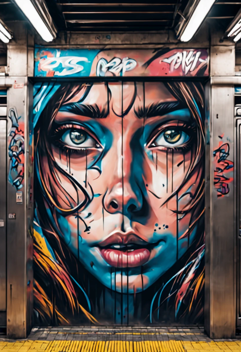 Gritty subway station with realistic graffiti art in the style of a graphic novel, intense expressions on characters' faces, underground atmosphere, Canon EOS R8, wide angle lens