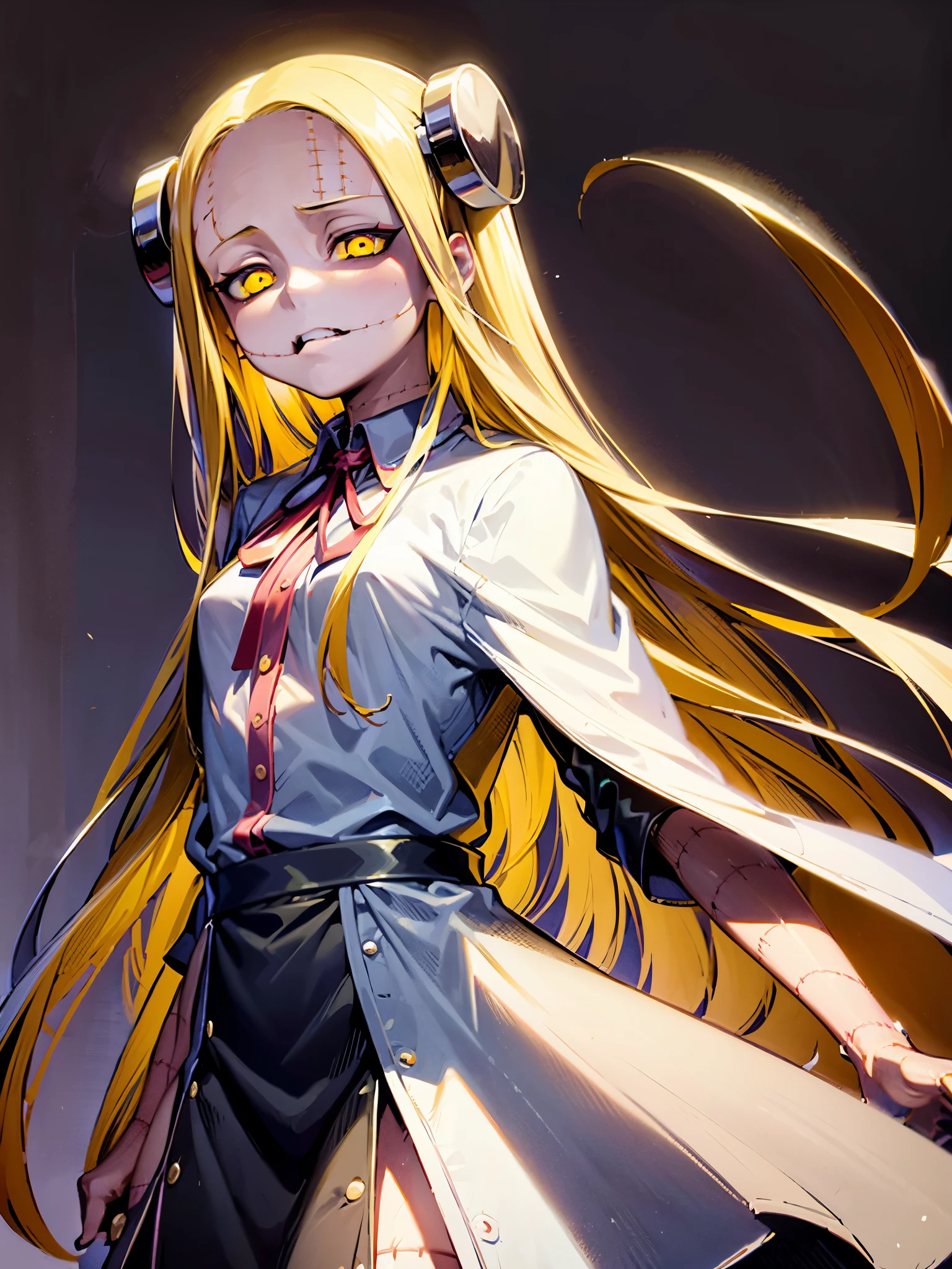 Madaraki_Fran,Young woman ,costs,preoccupied,Crazy ,a surgeon ,Holds out his hands,worries about the patient, long hair , yellow hair,Seams , Scars on the body , Creepy look , scary eyes , Intimidating look , Creepy smile , bags under the eyes, ((((tired)))), background

