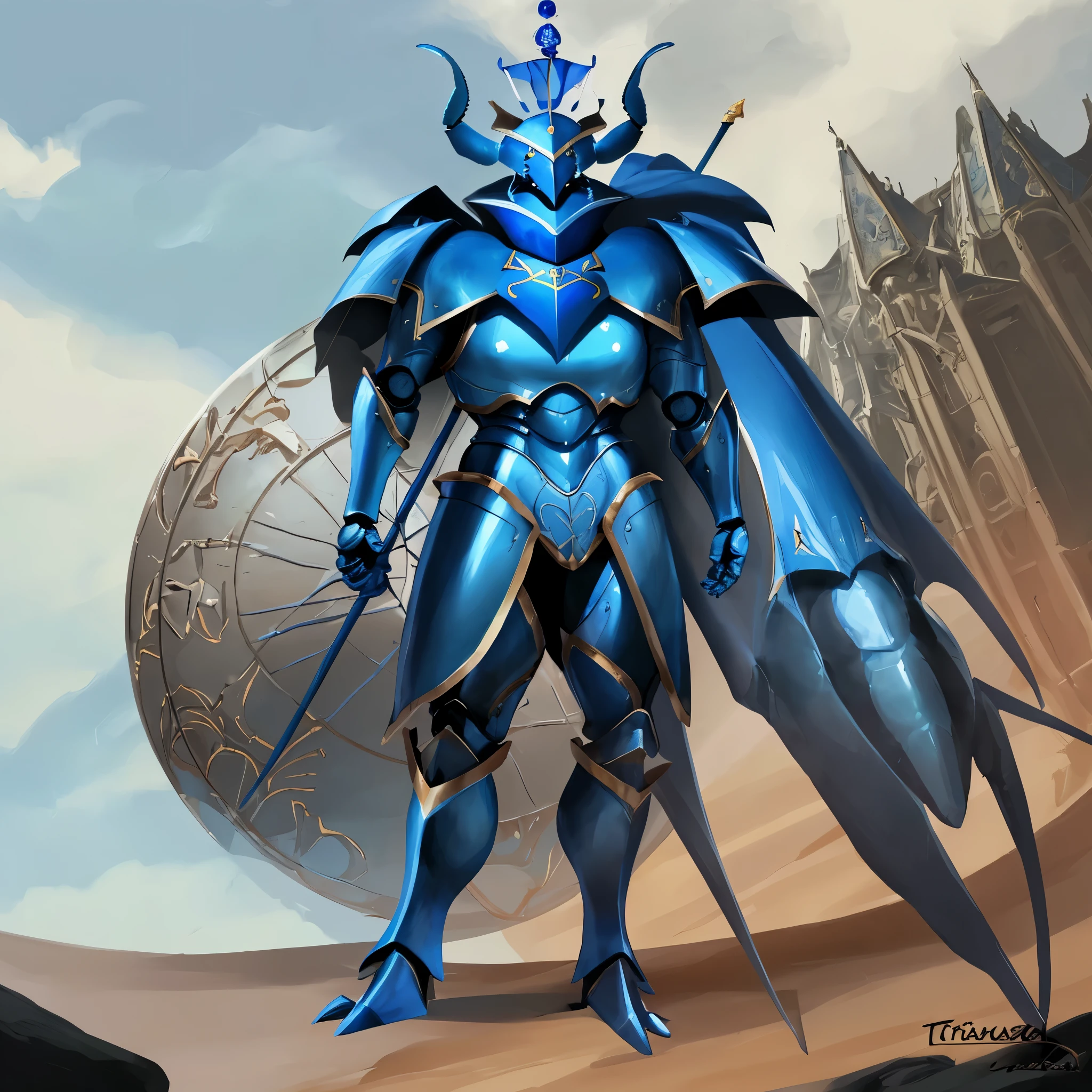 Crustacean hero blue lobster humanoid warrior, cara de lagosta, classe tanque, segurando um grande escudo e um tridente, royal blue cape with pennant, hero concept, concept art, RPG, fantasy