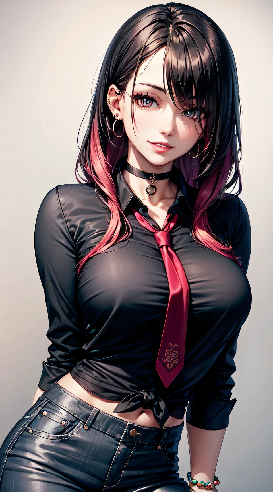 Anime girl with red hair and black shirt and red tie - SeaArt AI