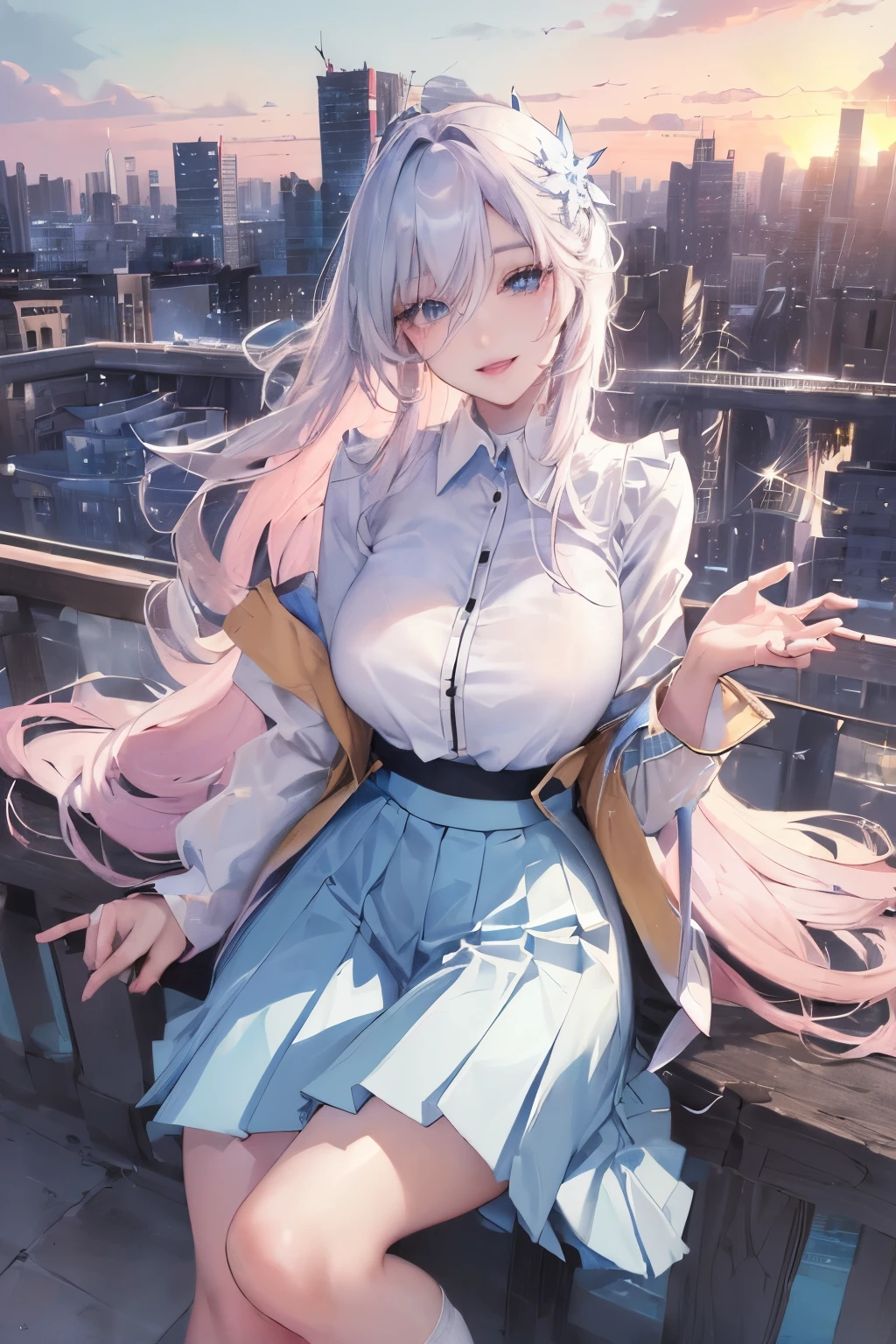 official art, masterpiece, sharp focus, (beautiful gorgeous cute Korean woman:1.3), (beautiful cute korean:1.3), korean beauty, Delicate and beautiful hair and eyes and face, realistic, ultra detailed, beautiful girl, blue sky, glow white particle, (sidelighting:1.2), sun light, white cloud, detailed clouds, slender, Lovely very large breasts and very large hips, smile with teeth, ((smile with eyes, open both eyes)), scenery, long straight hair, sexy facial expression, building, (cityscape:1.7), dynamic hair, long straight hair, detailed platinum pink hair, glow blue eyes, (blue pleated shirts + white skirt), white long socks, pale skin, hair ornament, epic scenery, and she have wings also
