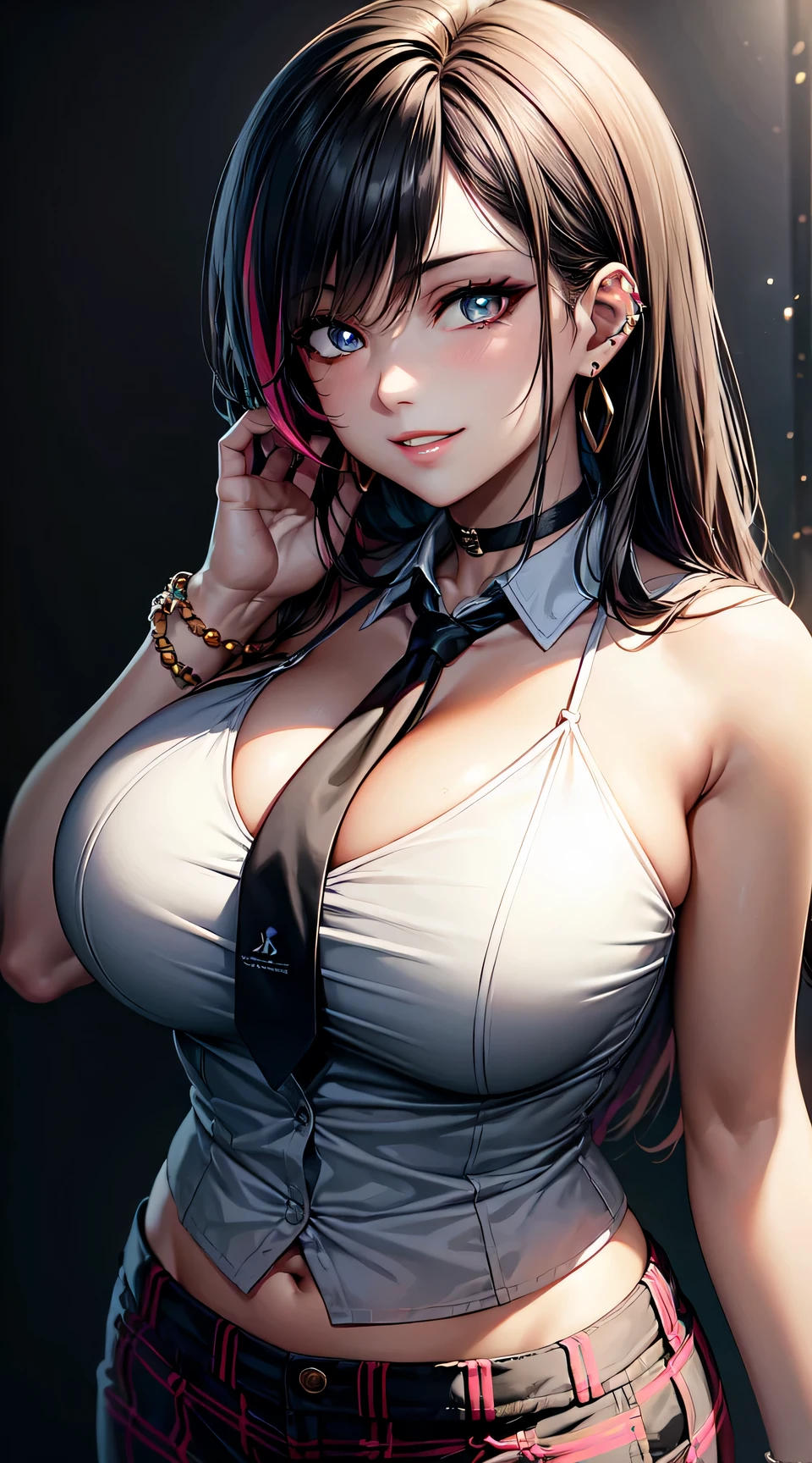 (anime style),masterpiece, best quality, ultra-detailed, glistening shiny, glowing light, ray tracing, HDR, deph of field, (perfect face, detailed face, detailed eyes),(big :1.2),8k,HD,ultra realistic face,ray tracing,perfect lighting,best quality, ultra-detailed, shiny eyes, (looking at viewer,sensual smile kiss:1.1), ((1girl)), (gyaru, mature female:1.4),hourglass_body shape, marin,long hair,((black gradient hair, metalic hair)),multicolored eyes, gradient eyes, (glowing eyes:1.1), (fashion make up), parted lips, short pants, short shirt, jewelry, pleated pants, earrings, necktie, choker, grin, bracelet, plaid,black choker, plaid pants, piercing, ear piercing, bright pupils,tied shirt, bead bracelet,white background