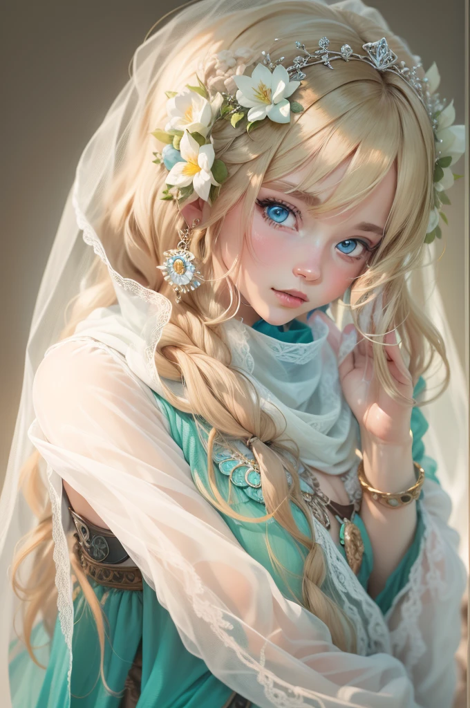 Blonde woman with blue eyes and veil on head、soft portrait shot 8k、realistic beautiful face、8K portrait rendering、realistic beautiful face、beautiful realistic face、Photorealistic anime girl rendering、surreal beautiful face、8K realistic digital art、realistic digital art 4k、realistic digital art 4k、highly realistic digital art,{{{{dynamic angle whole body}}}},{{{{dynamic angle whole body}}}}